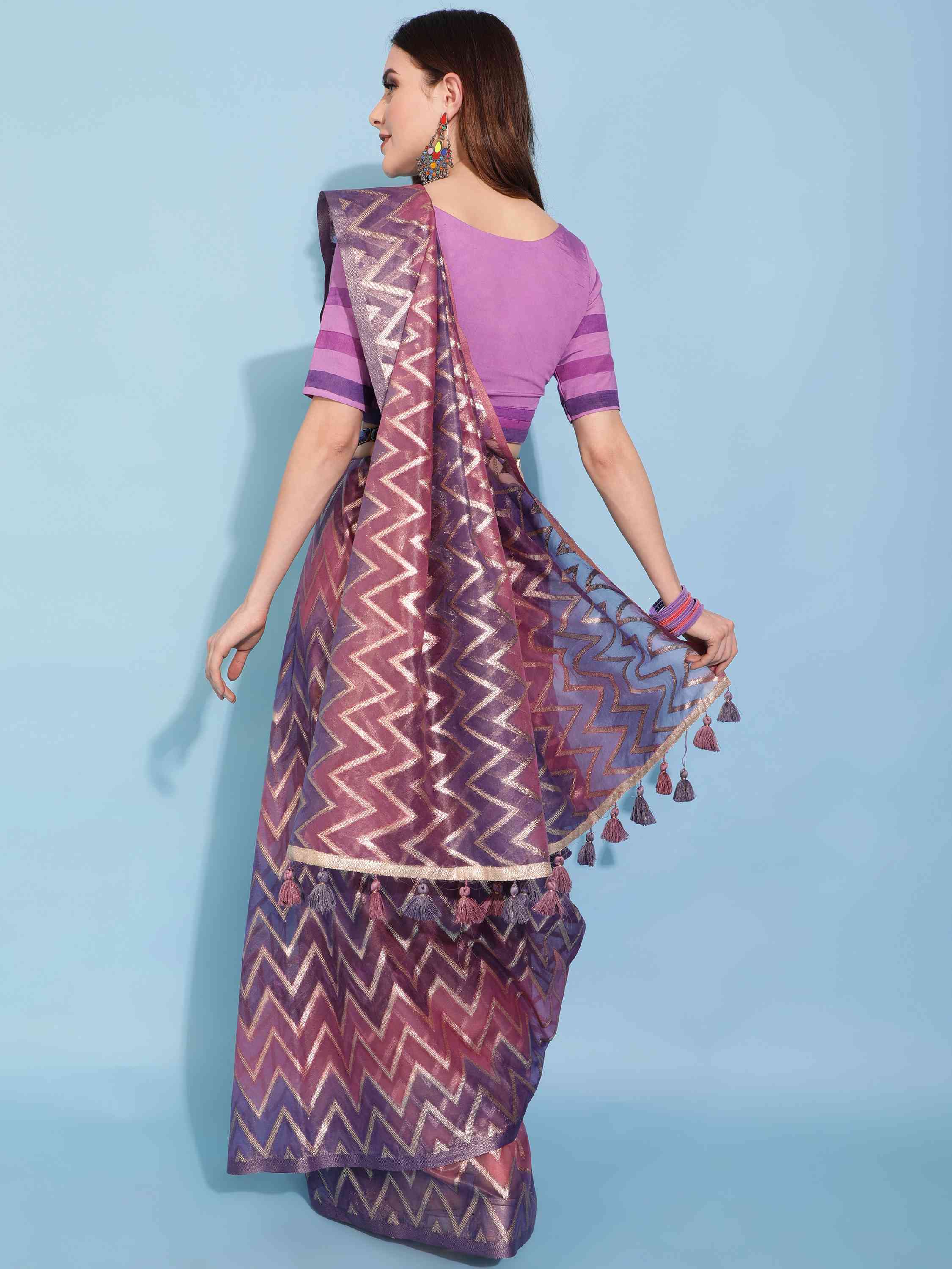 PURPLE ORGANZA CHEVRON SAREE