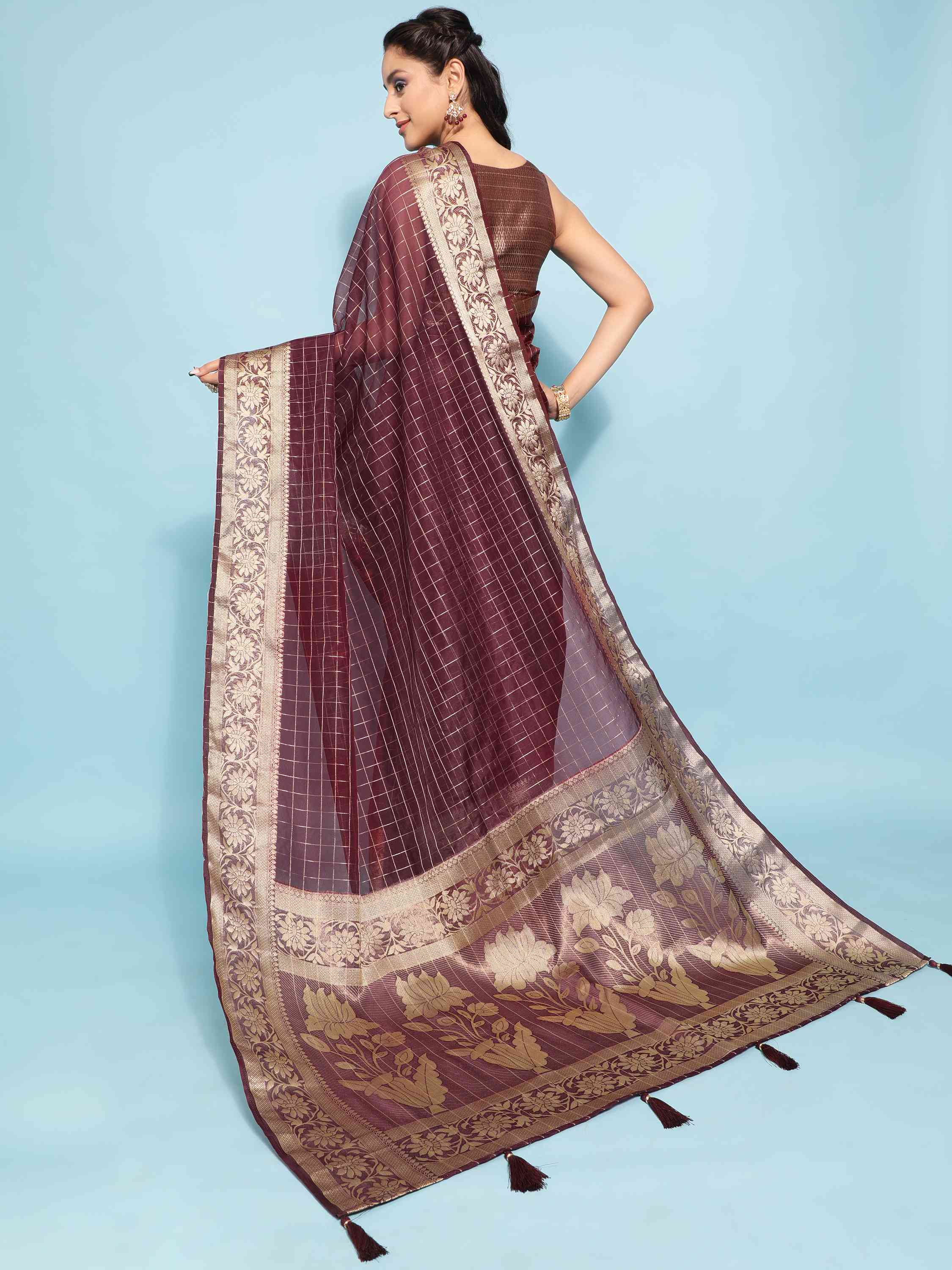 DUNGRANI WINE BANARASI ORGANZA CHEX SILK SAREE