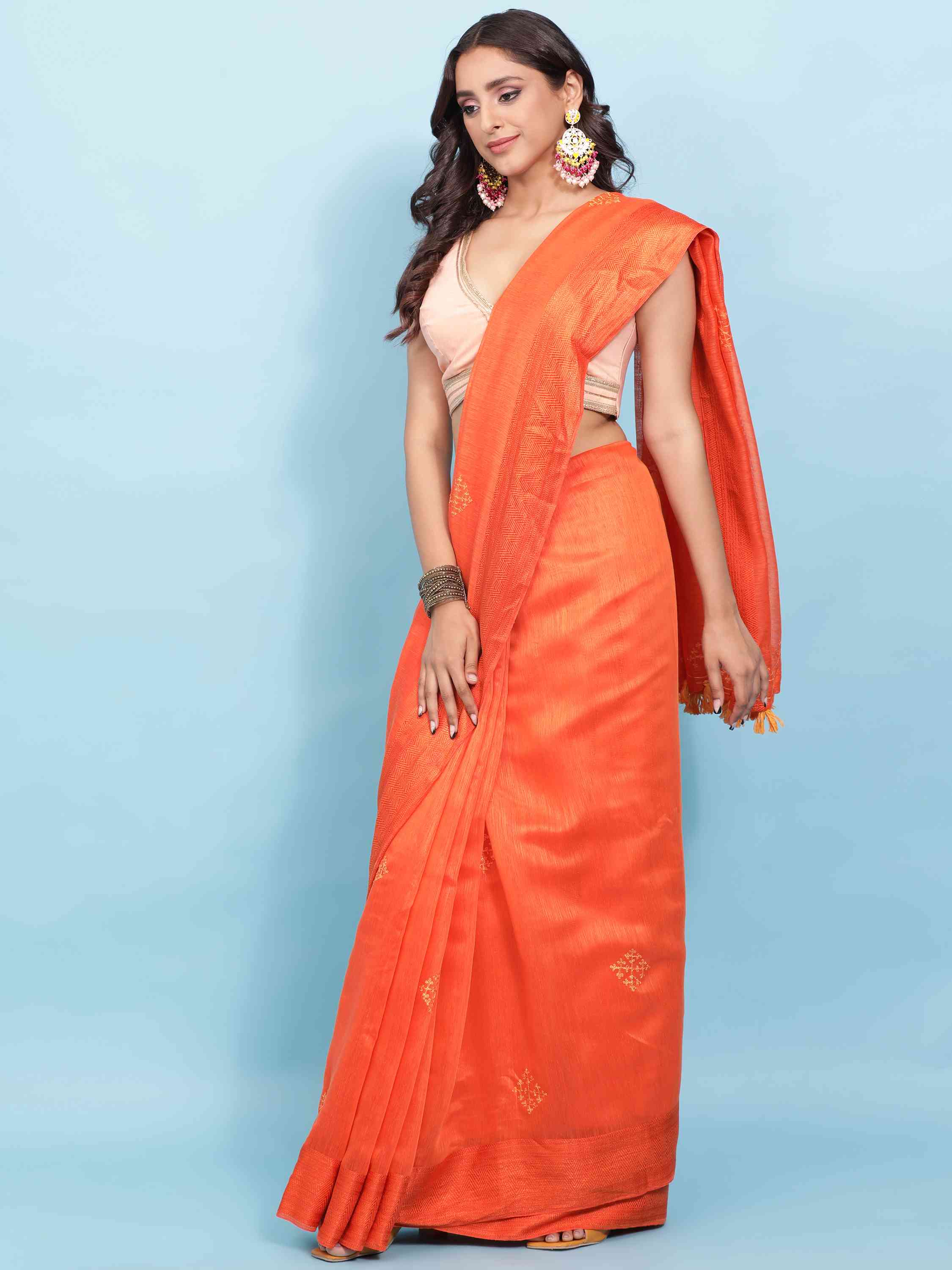 ORANGE COTTON SILK SAREE WITH BLOUSE