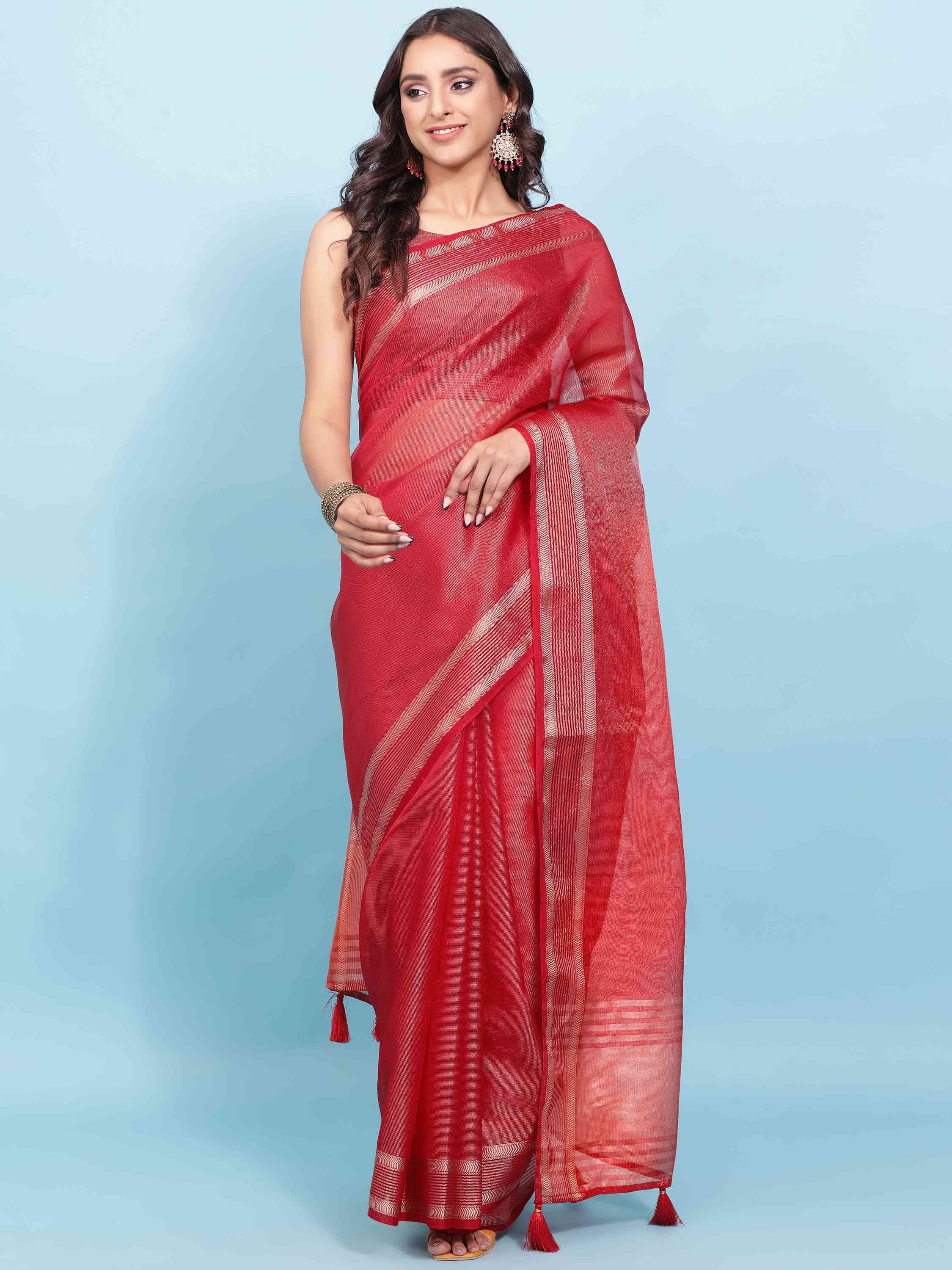 RED ORGANZA TISSUE SILK MAHESHWARI SAREE