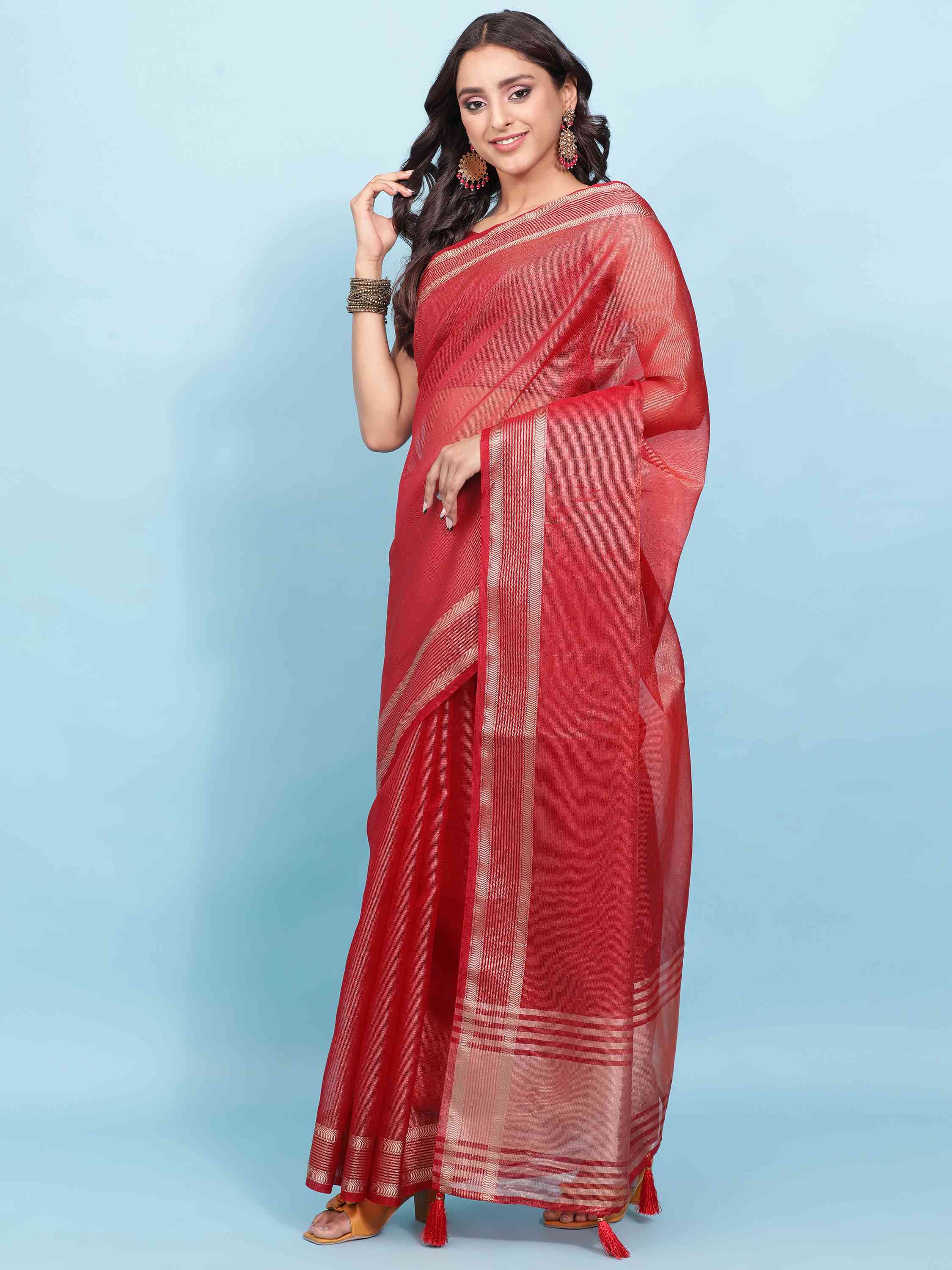 RED ORGANZA TISSUE SILK MAHESHWARI SAREE