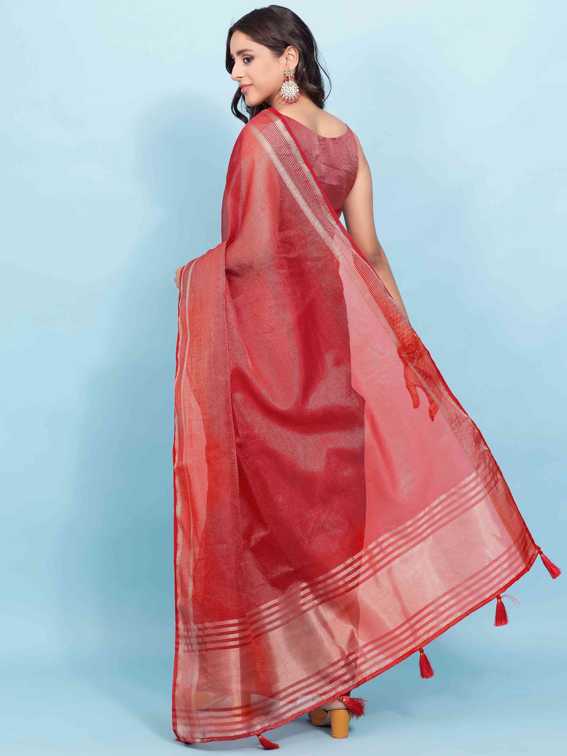 RED ORGANZA TISSUE SILK MAHESHWARI SAREE