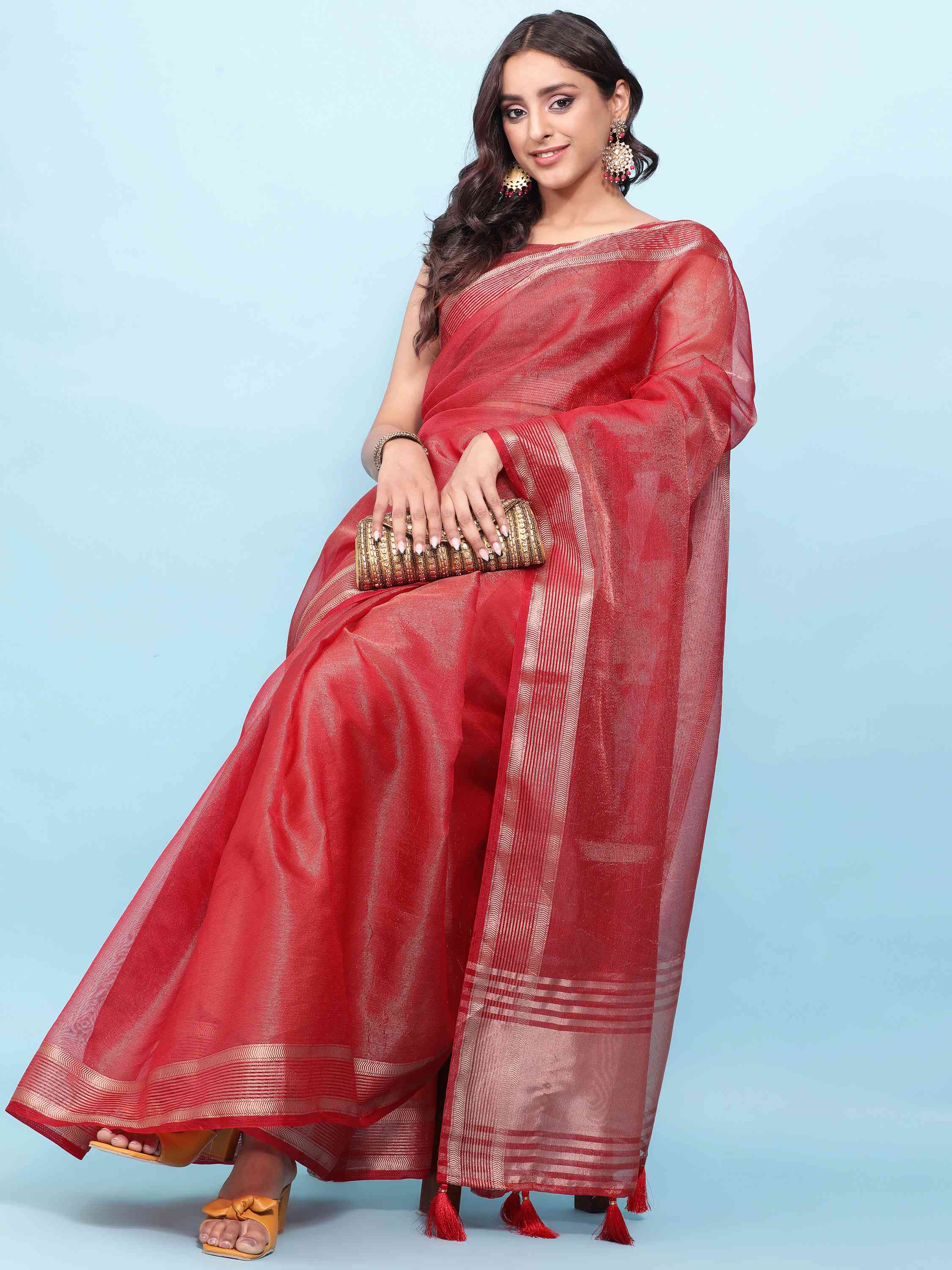 RED ORGANZA TISSUE SILK MAHESHWARI SAREE