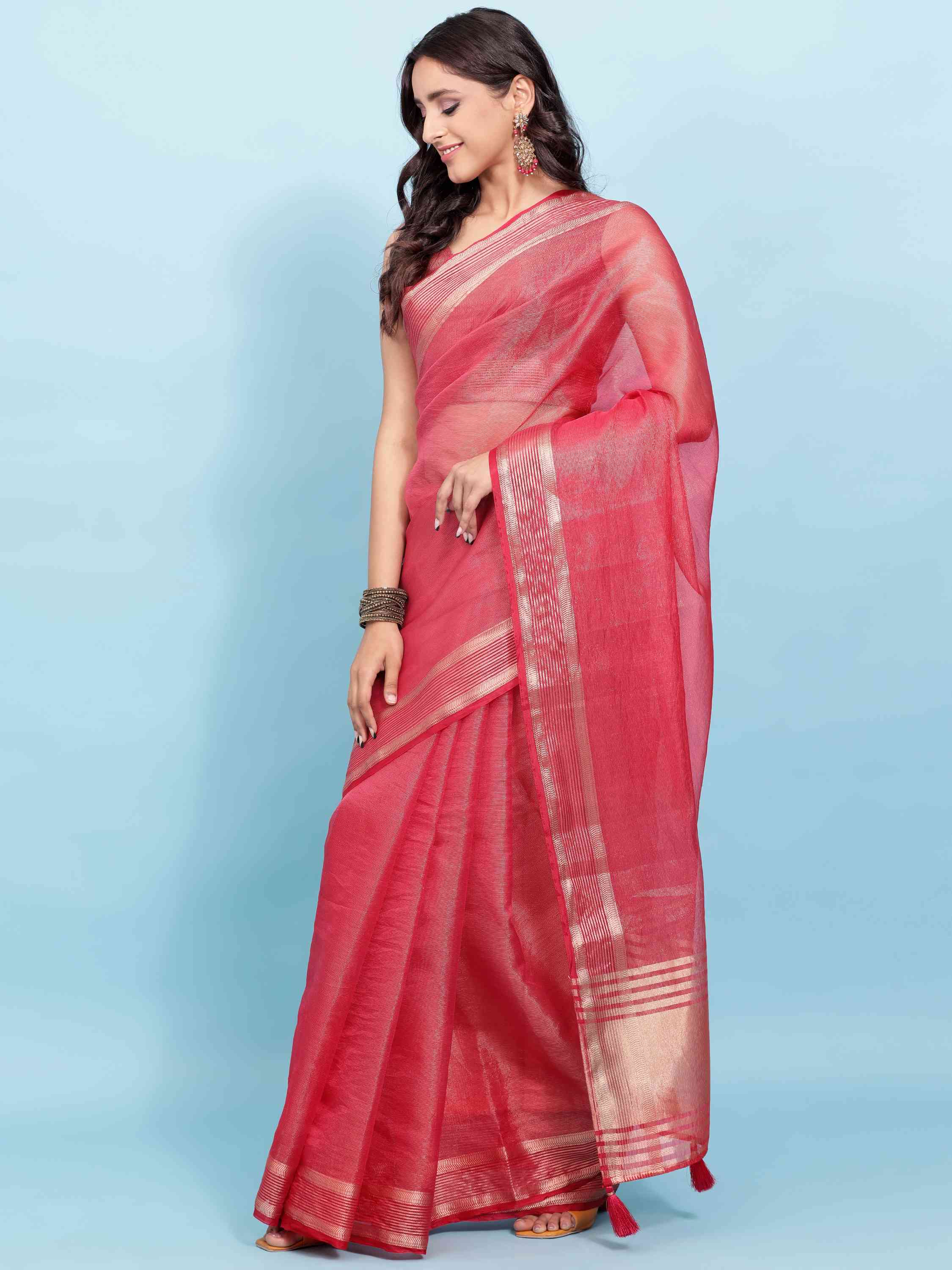 PINK ORGANZA TISSUE SILK MAHESHWARI SAREE