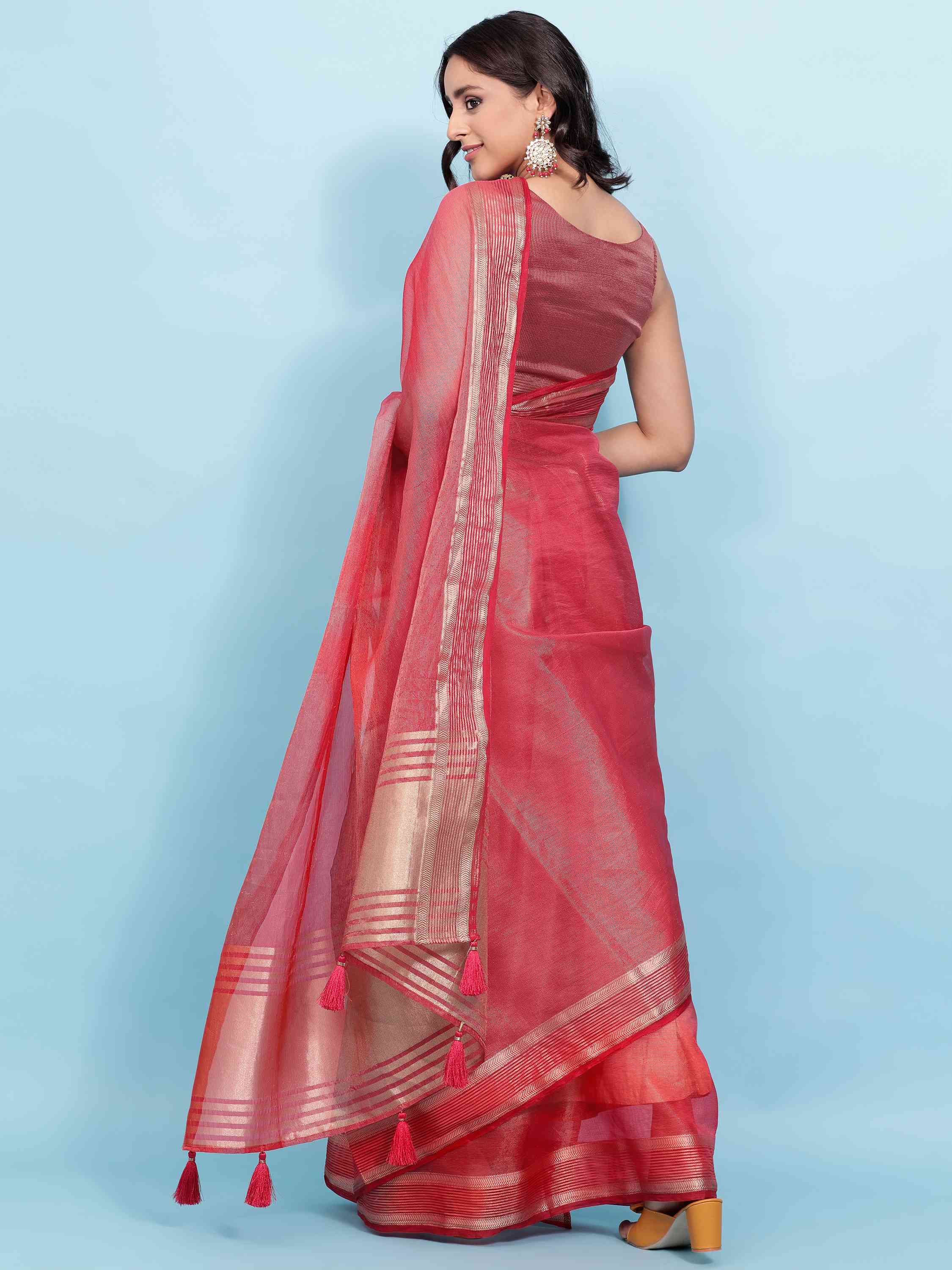 PINK ORGANZA TISSUE SILK MAHESHWARI SAREE