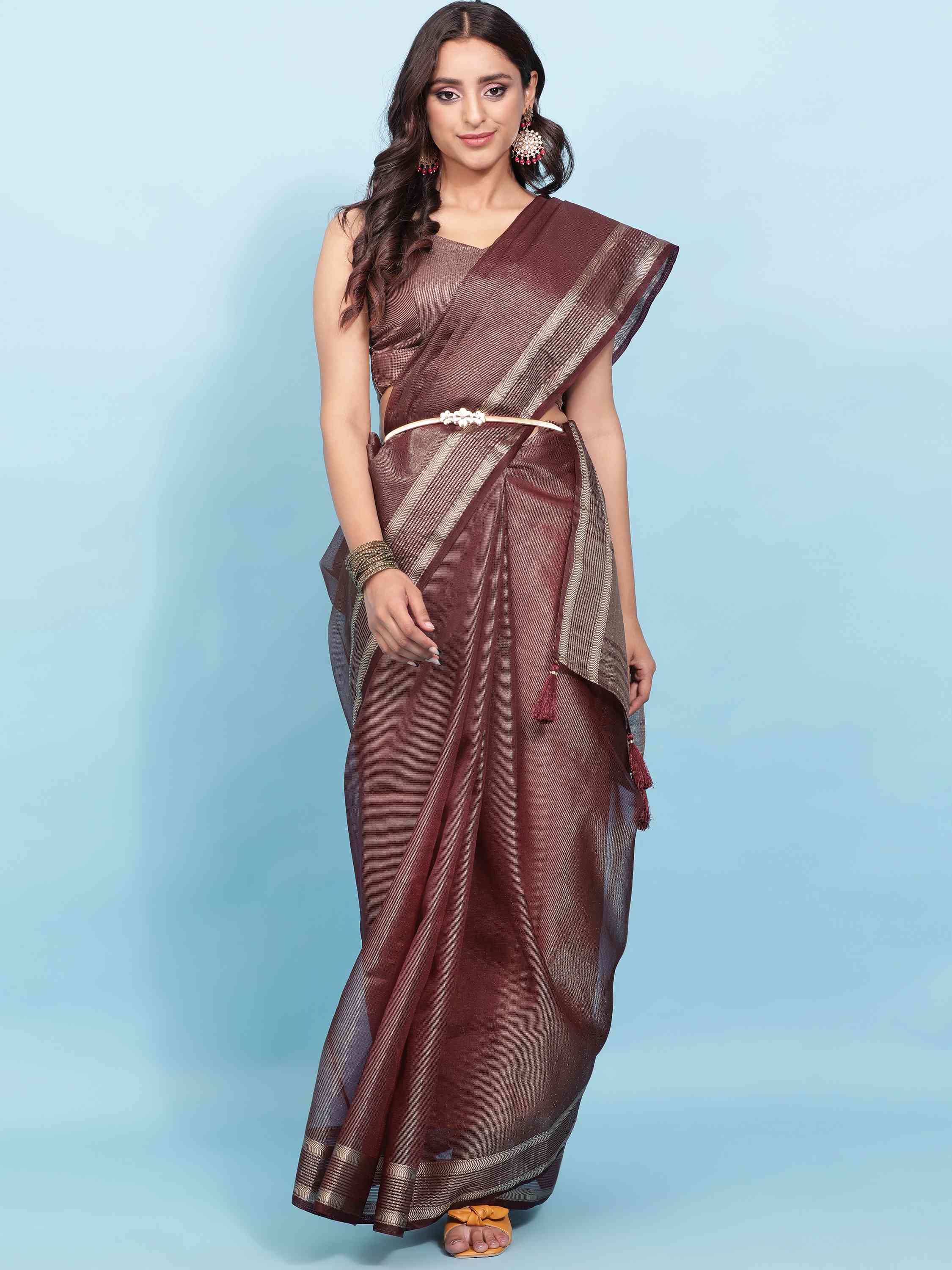 WINE ORGANZA TISSUE SILK MAHESHWARI SAREE