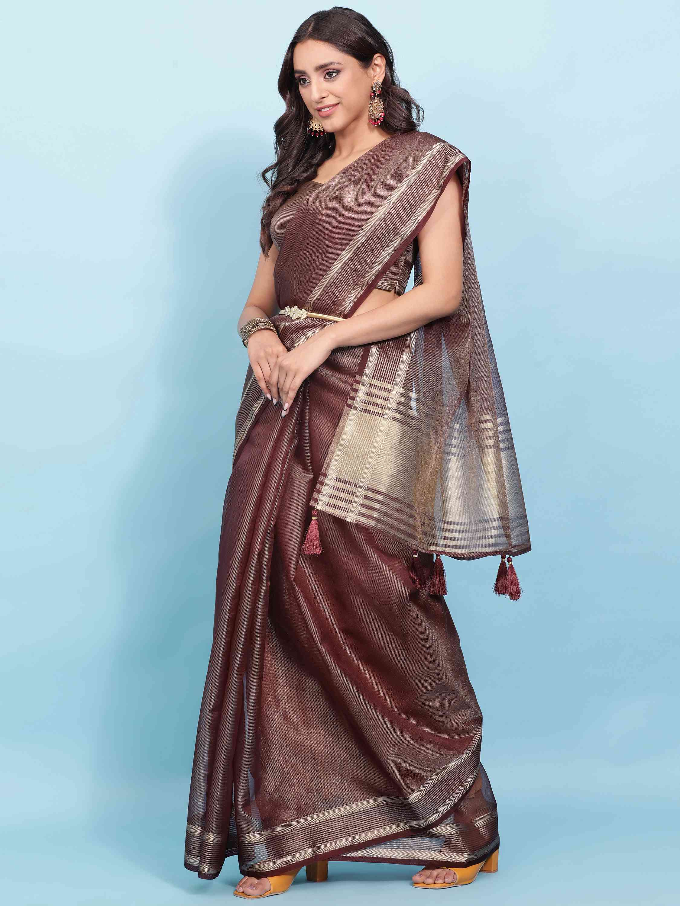 WINE ORGANZA TISSUE SILK MAHESHWARI SAREE