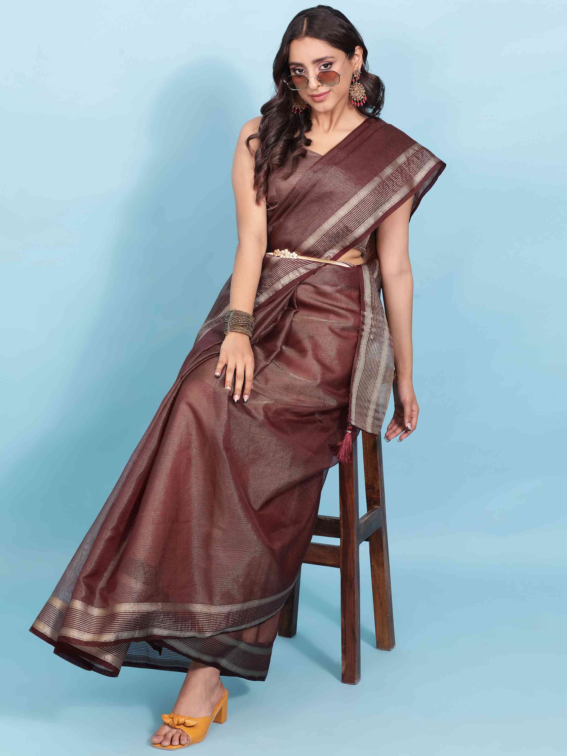 WINE ORGANZA TISSUE SILK MAHESHWARI SAREE