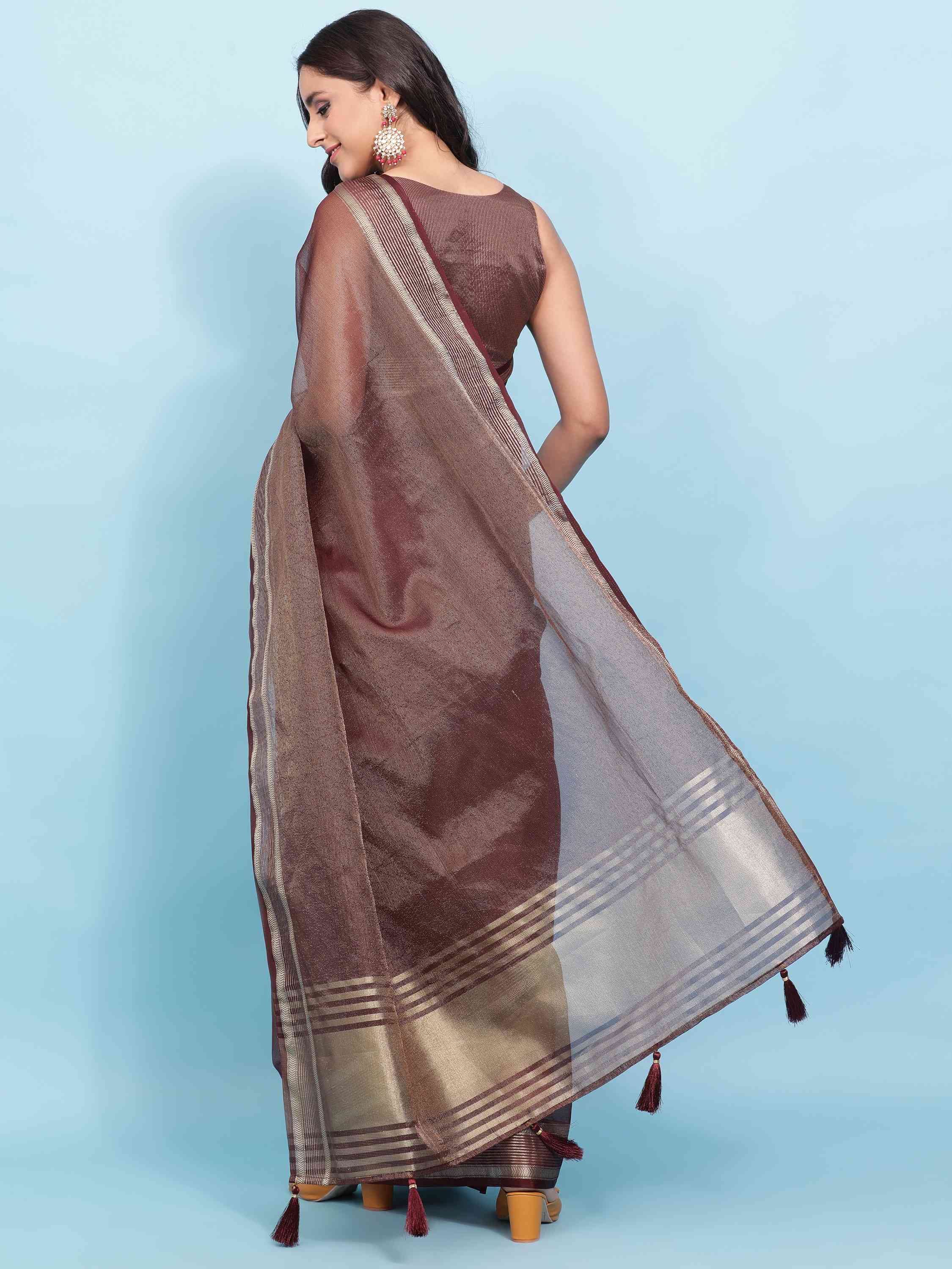 WINE ORGANZA TISSUE SILK MAHESHWARI SAREE