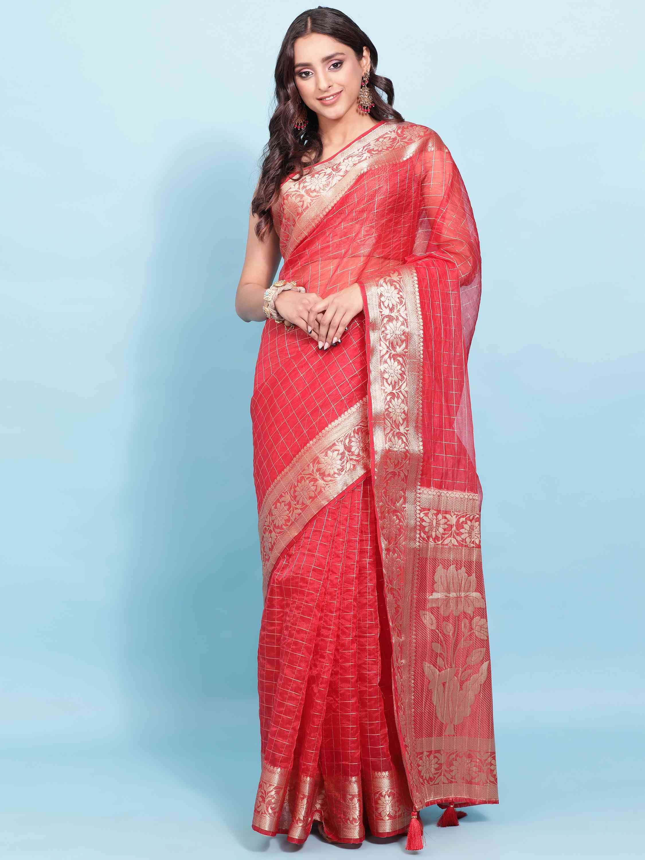 RED BANARASI ORGANZA CHEX SILK SAREE