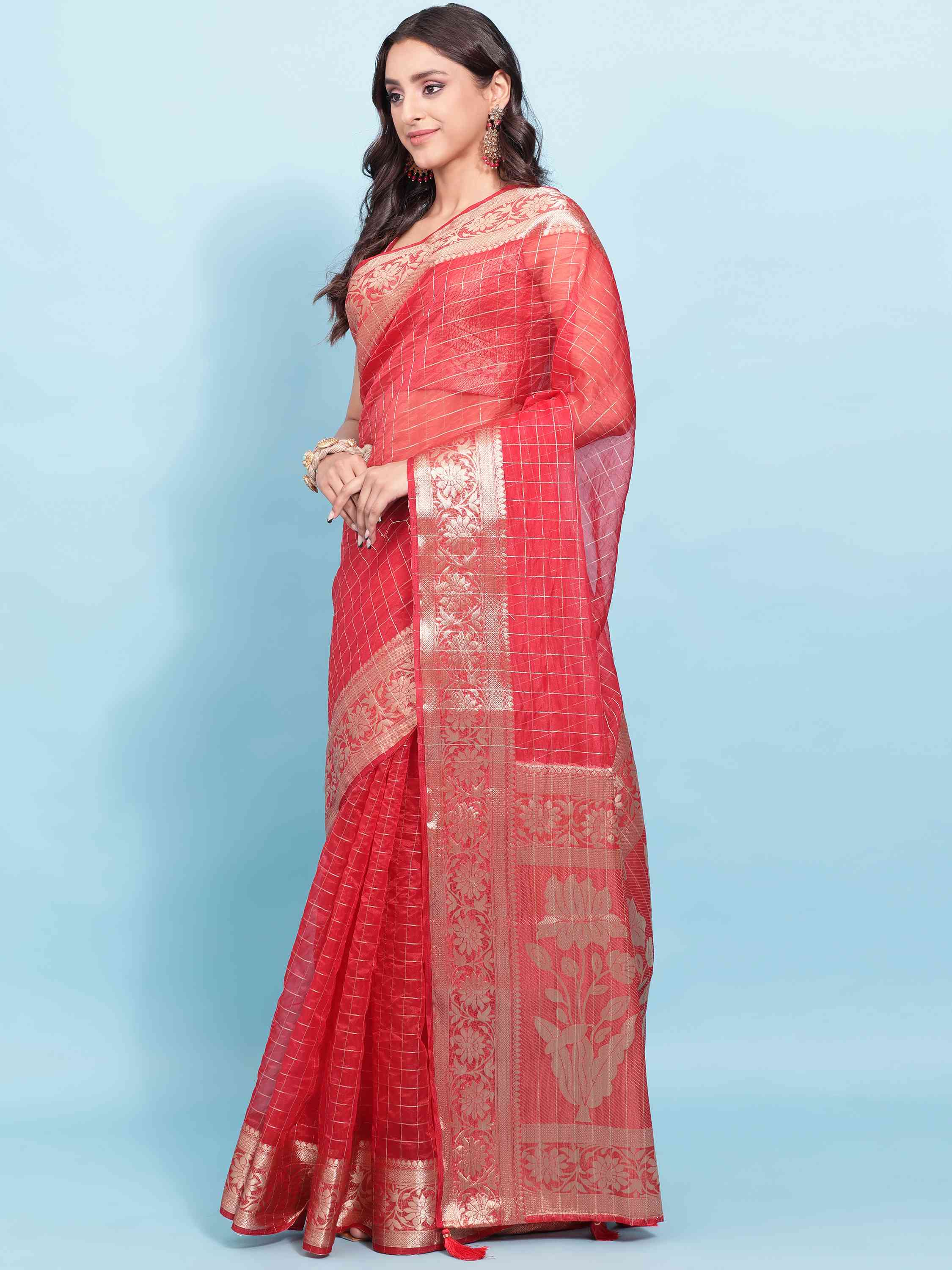 RED BANARASI ORGANZA CHEX SILK SAREE