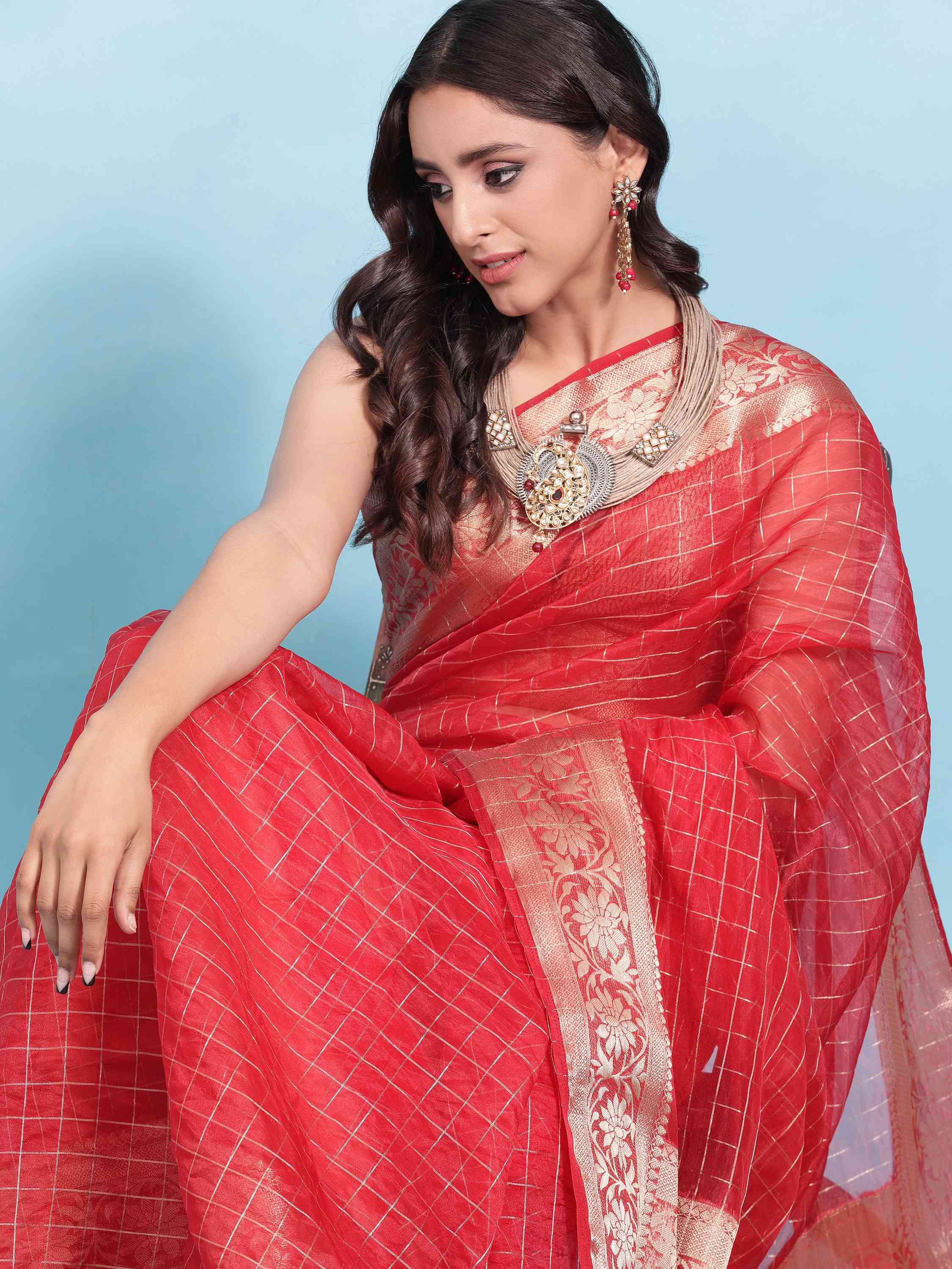 RED BANARASI ORGANZA CHEX SILK SAREE