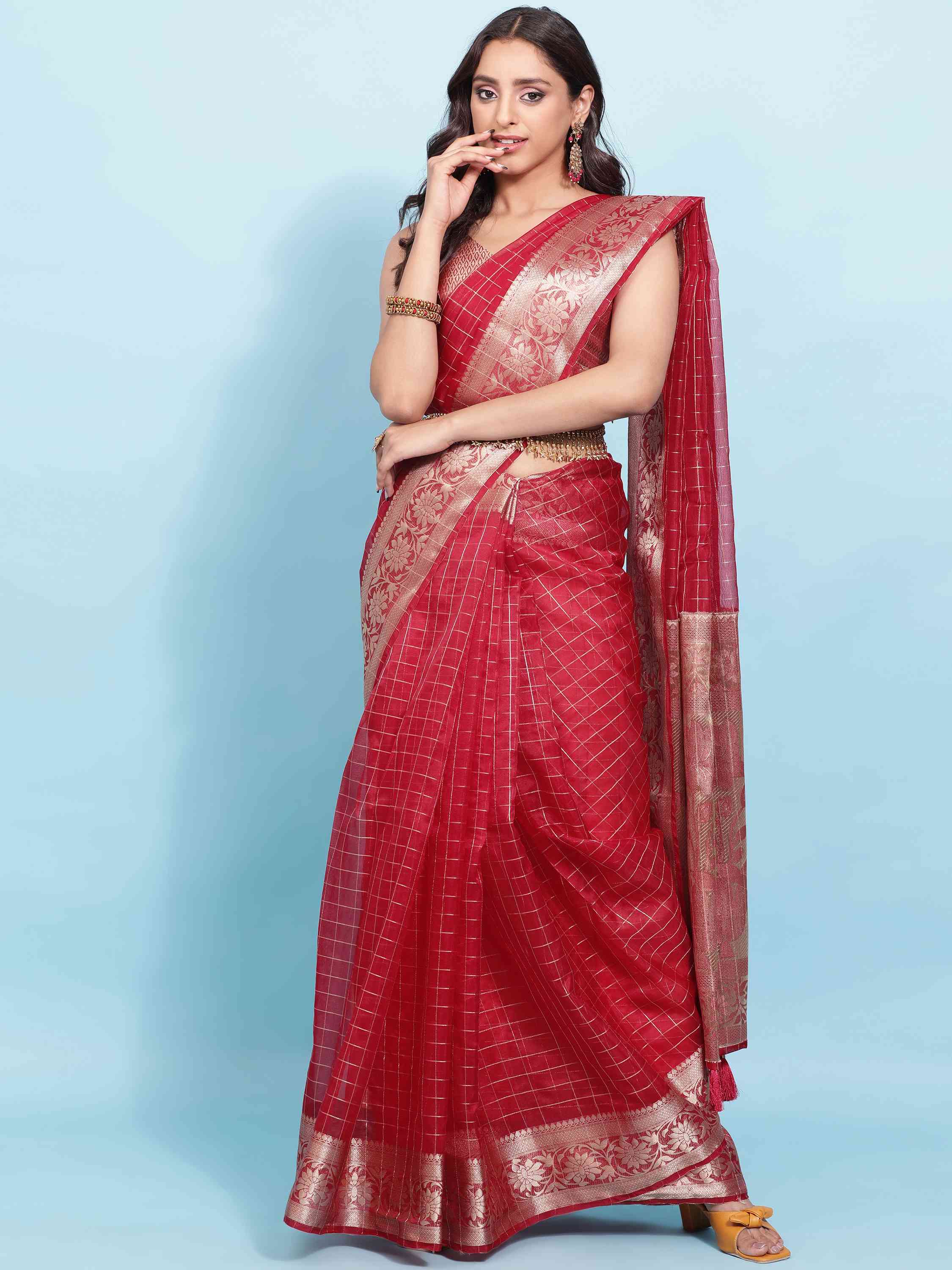 PINK BANARASI ORGANZA CHEX SILK SAREE