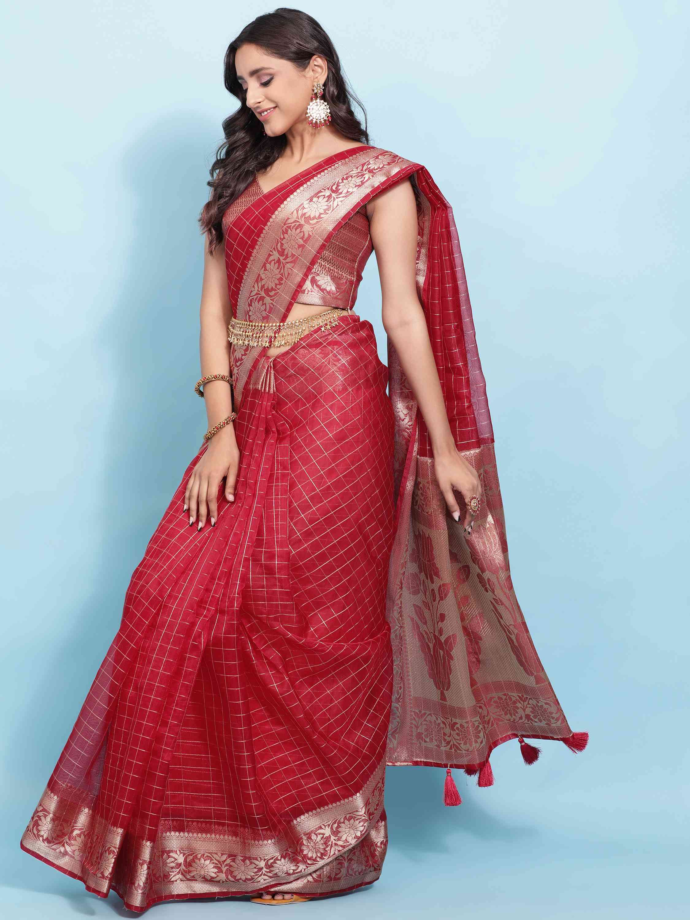 PINK BANARASI ORGANZA CHEX SILK SAREE