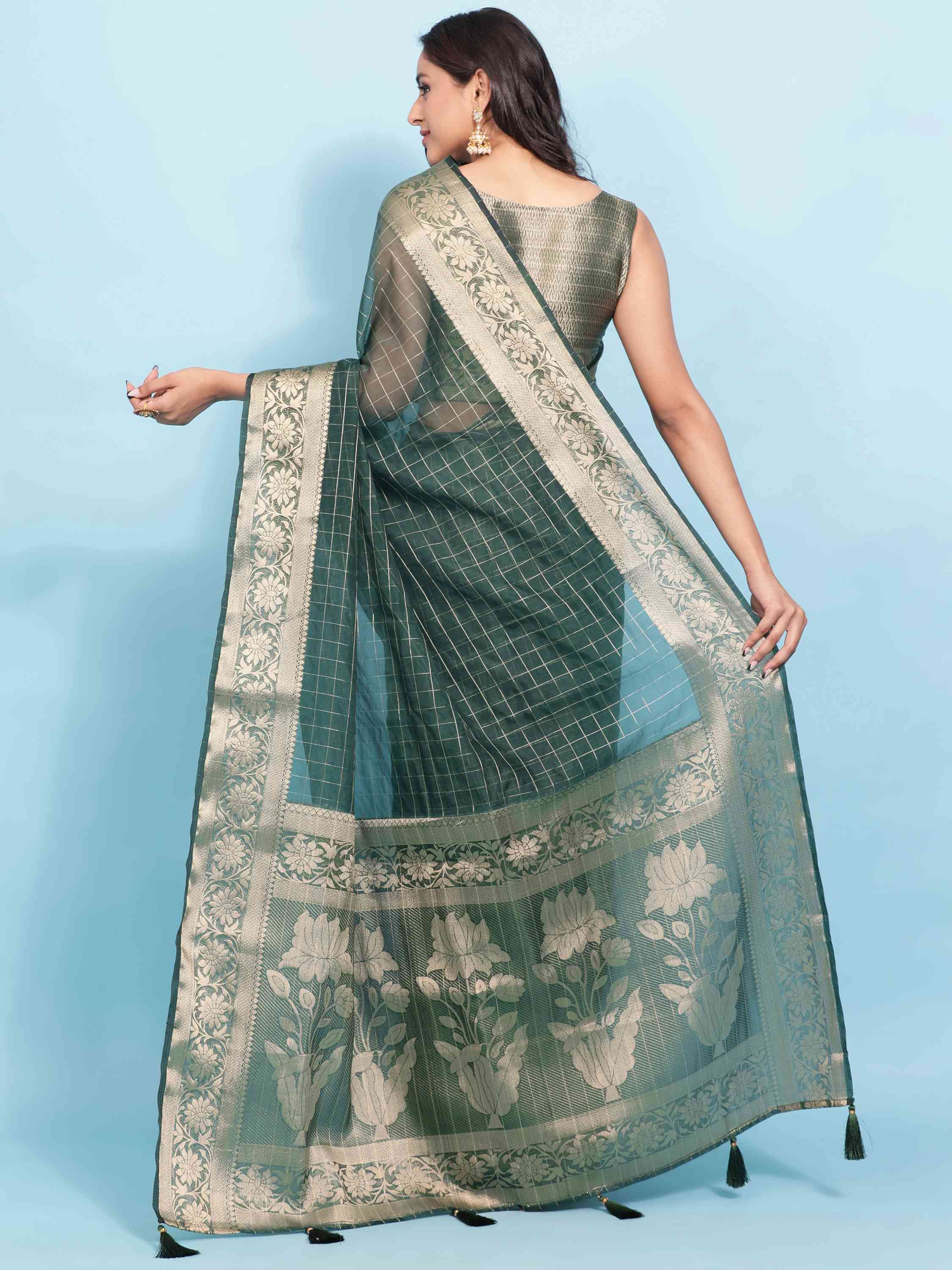  DUNGRANI BOTTLE GREEN BANARASI ORGANZA CHEX SILK SAREE