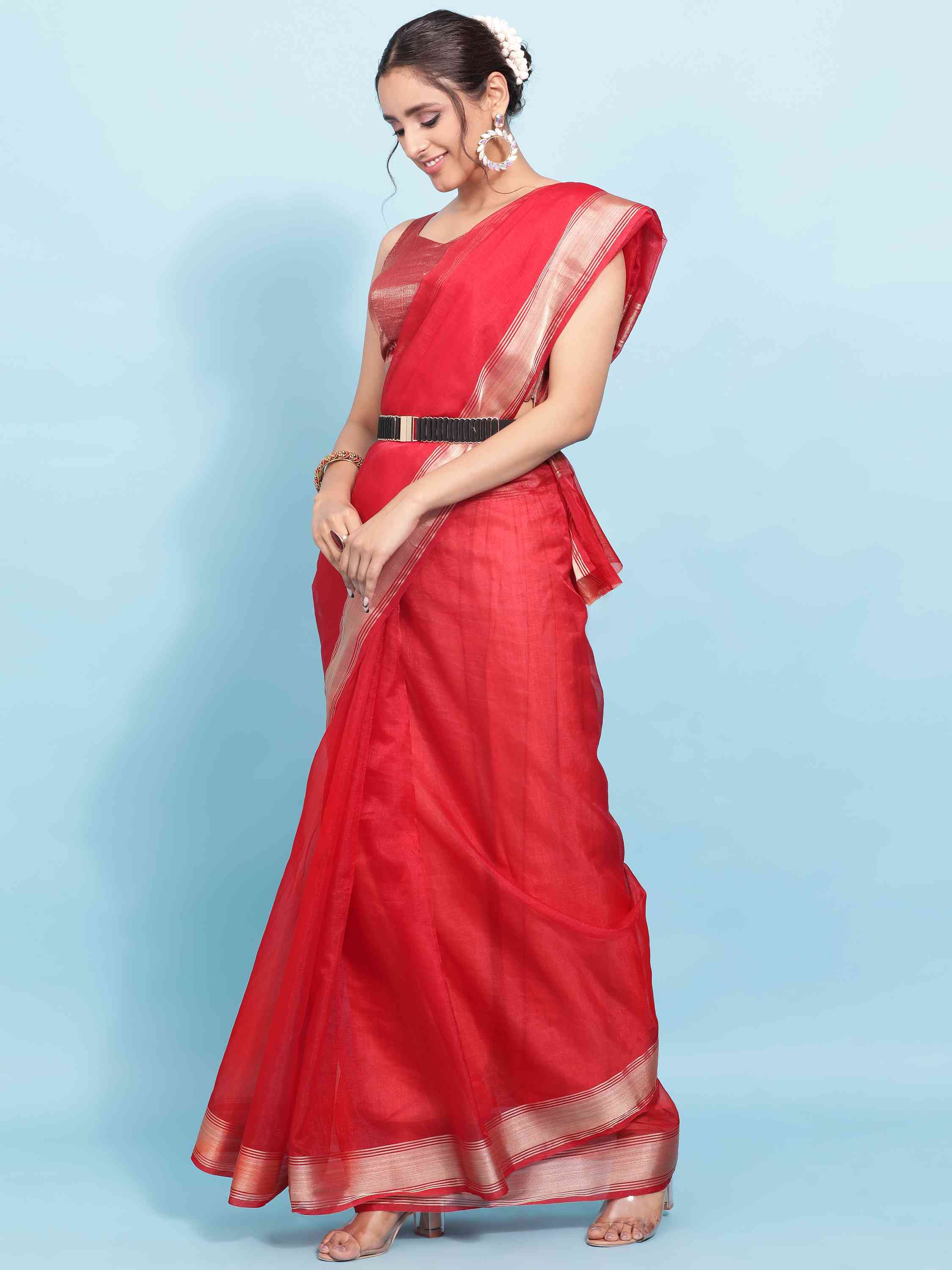 DUNGRANI RED ORGANZA TISSUE SILK SAREE