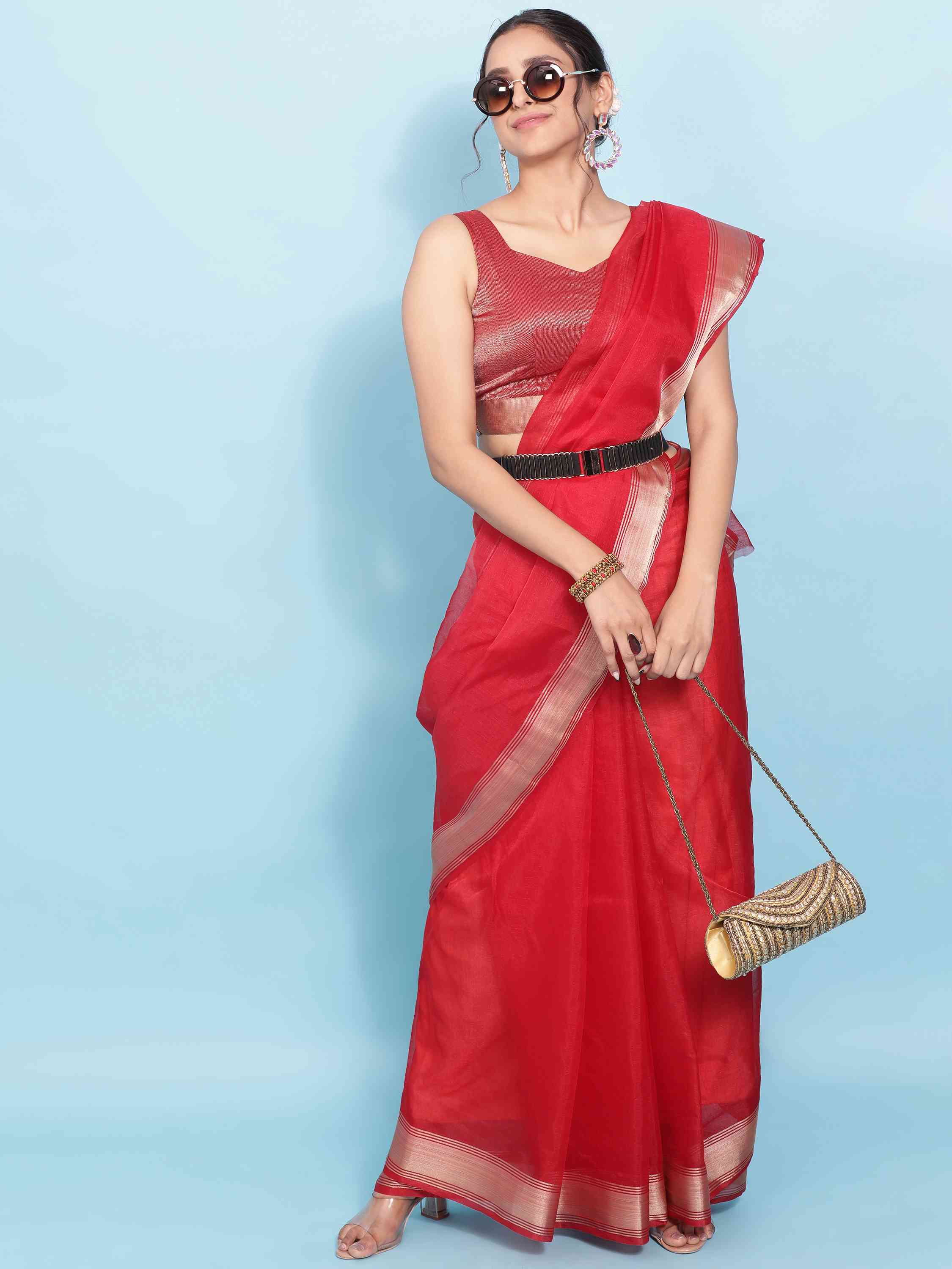 DUNGRANI RED ORGANZA TISSUE SILK SAREE