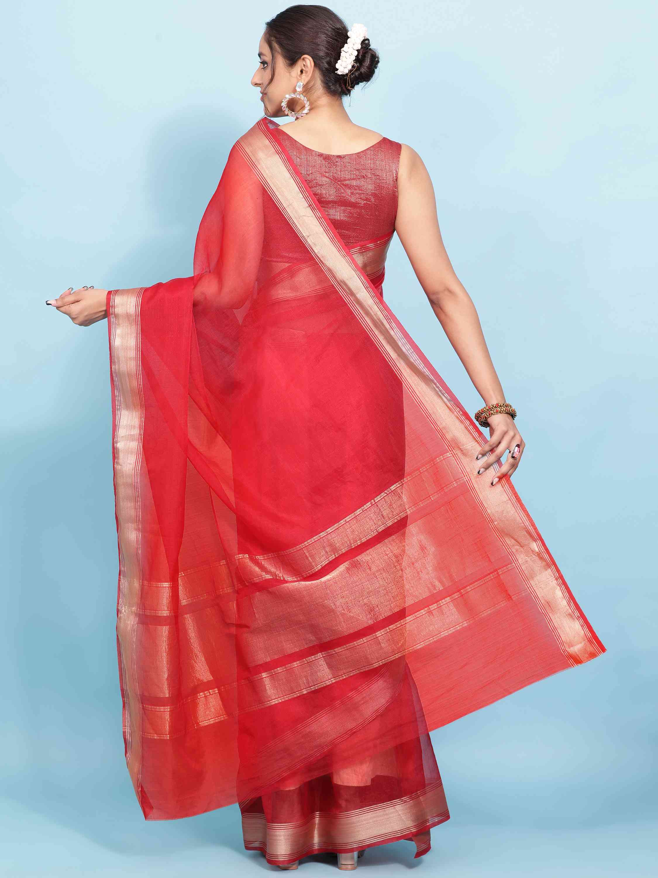 DUNGRANI RED ORGANZA TISSUE SILK SAREE