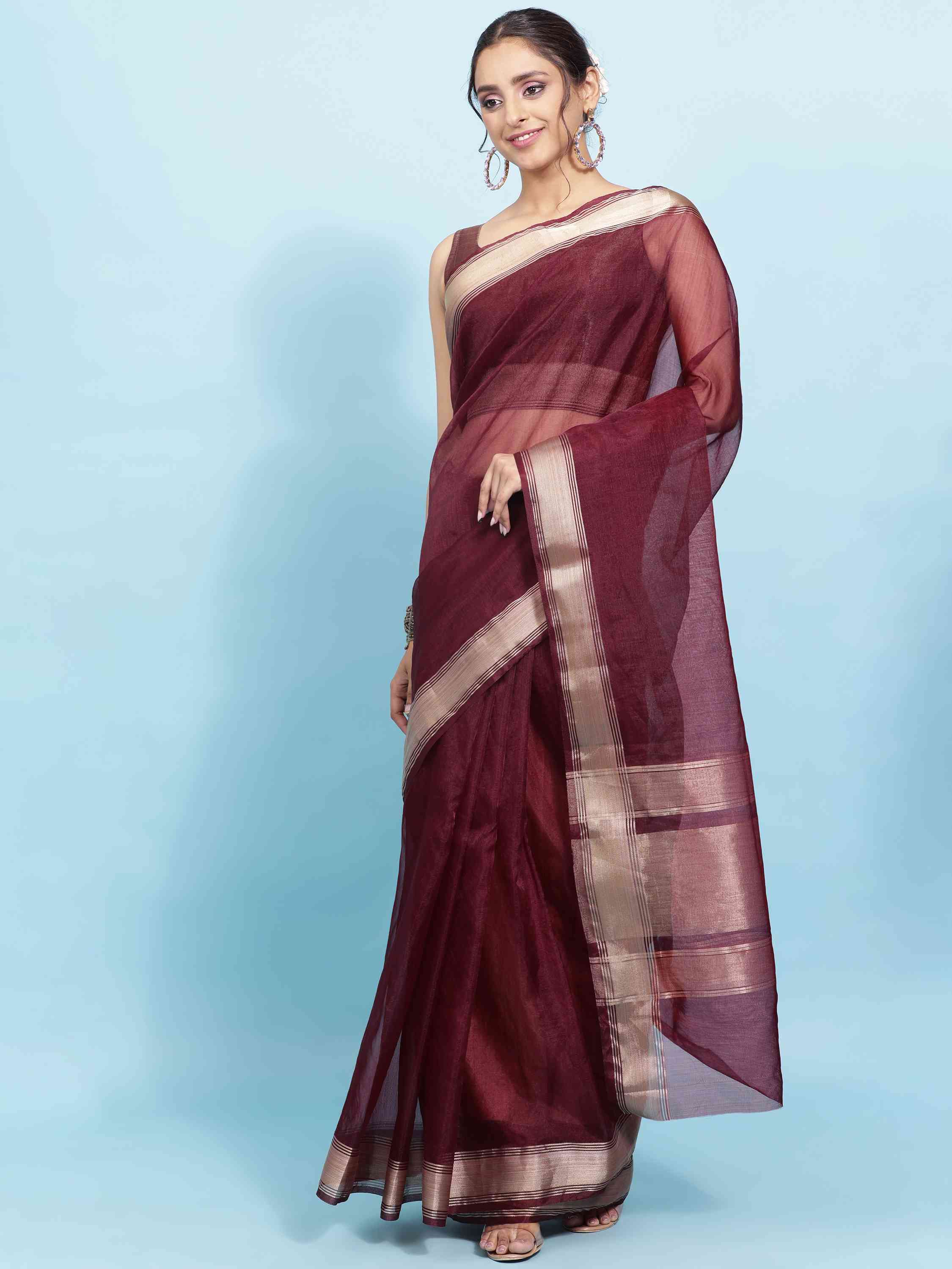 DUNGRANI WINE ORGANZA TISSUE SILK SAREE