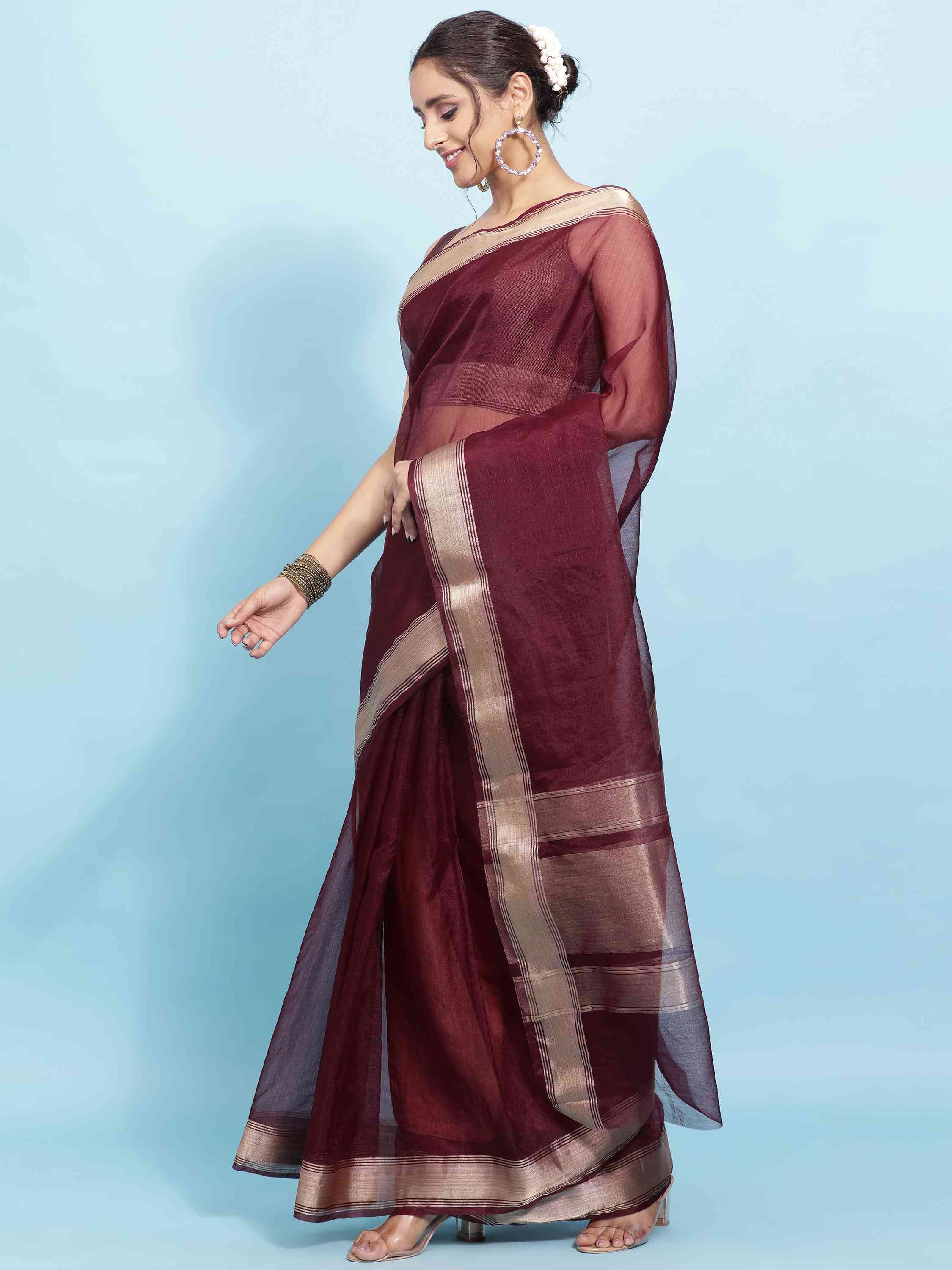 DUNGRANI WINE ORGANZA TISSUE SILK SAREE