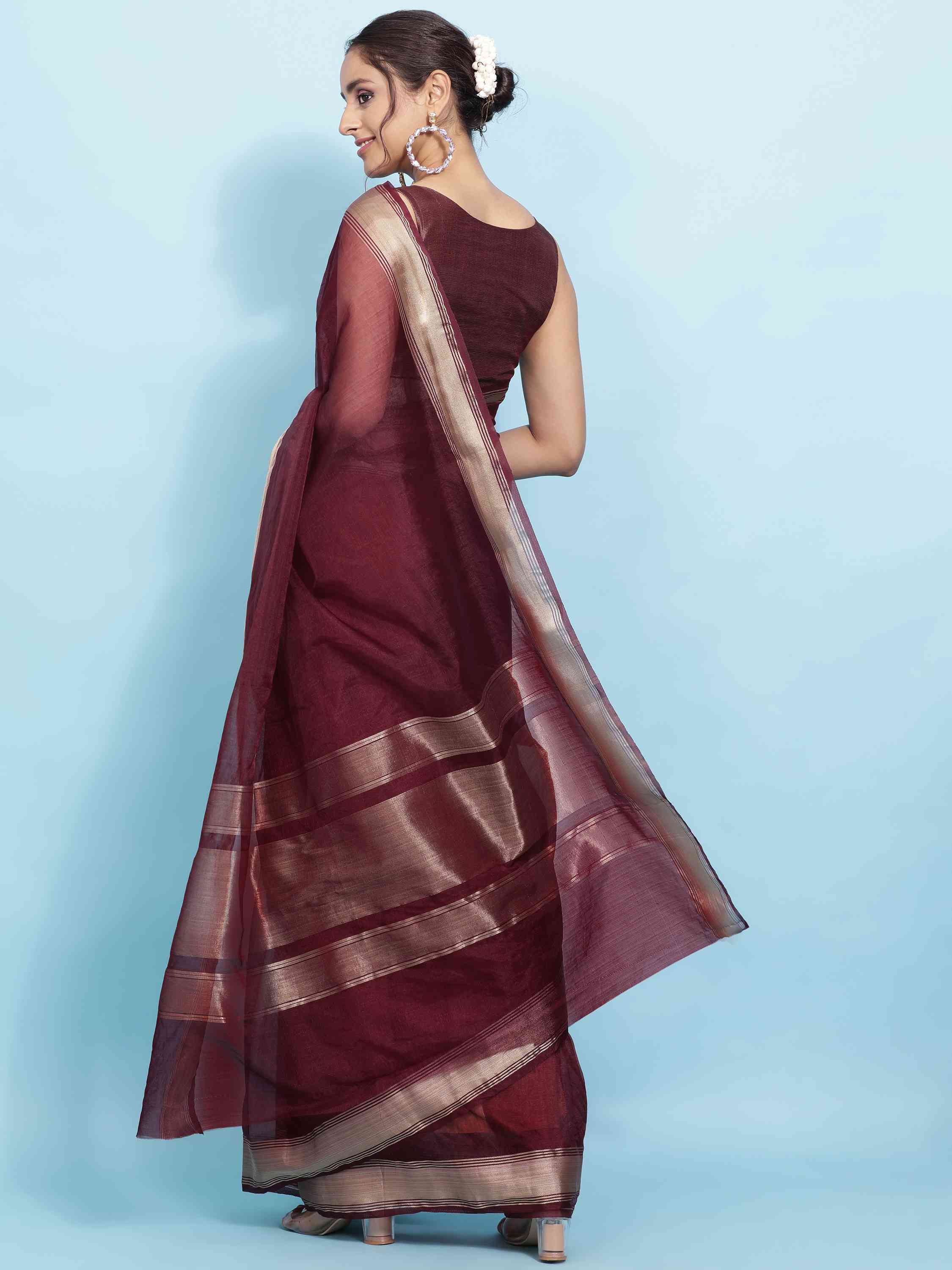 DUNGRANI WINE ORGANZA TISSUE SILK SAREE