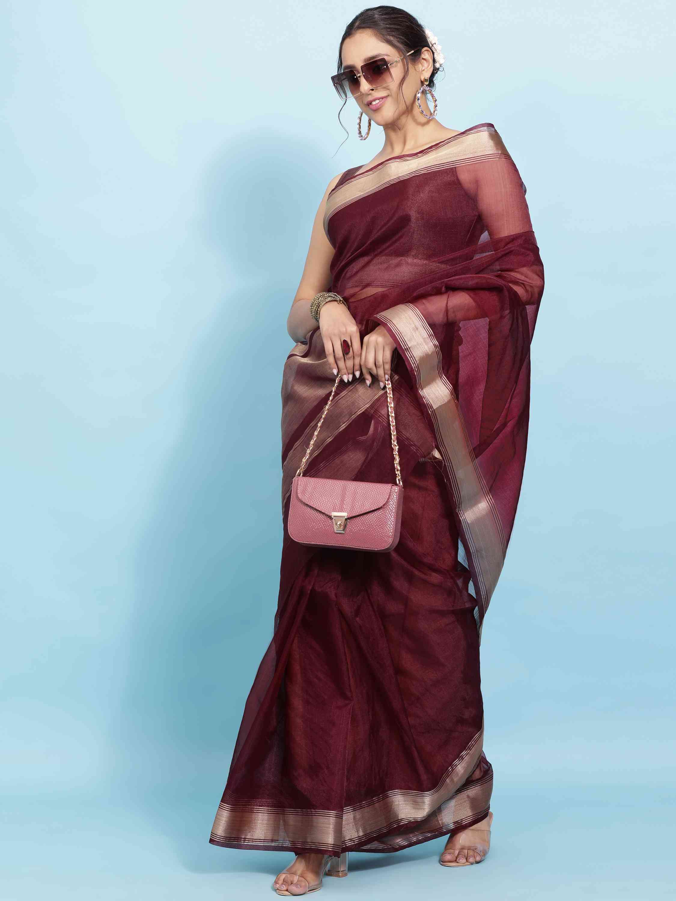 DUNGRANI WINE ORGANZA TISSUE SILK SAREE