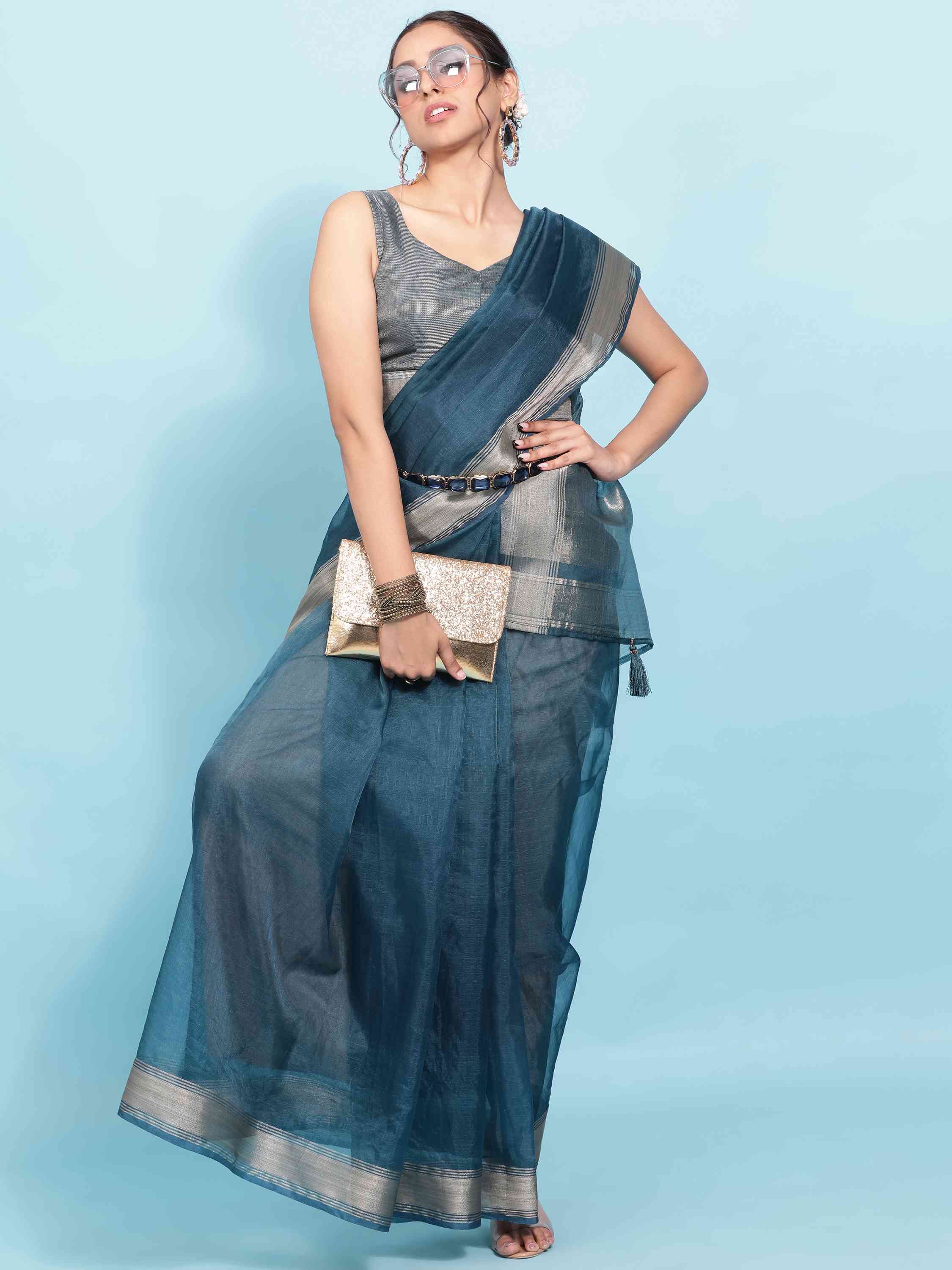  DUNGRANI BLUE ORGANZA TISSUE SILK SAREE