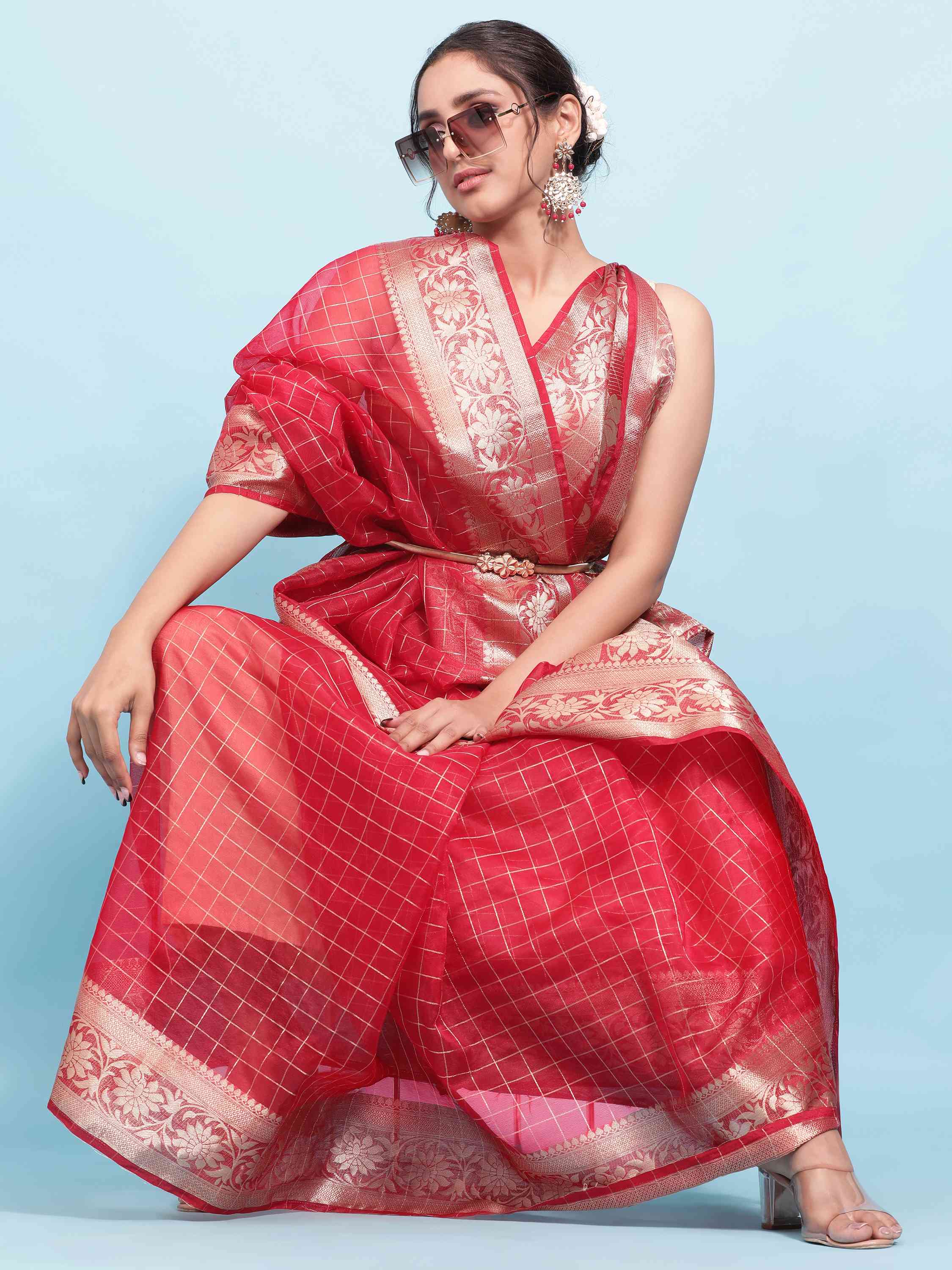 RED BANARASI ORGANZA CHEX SILK SAREE