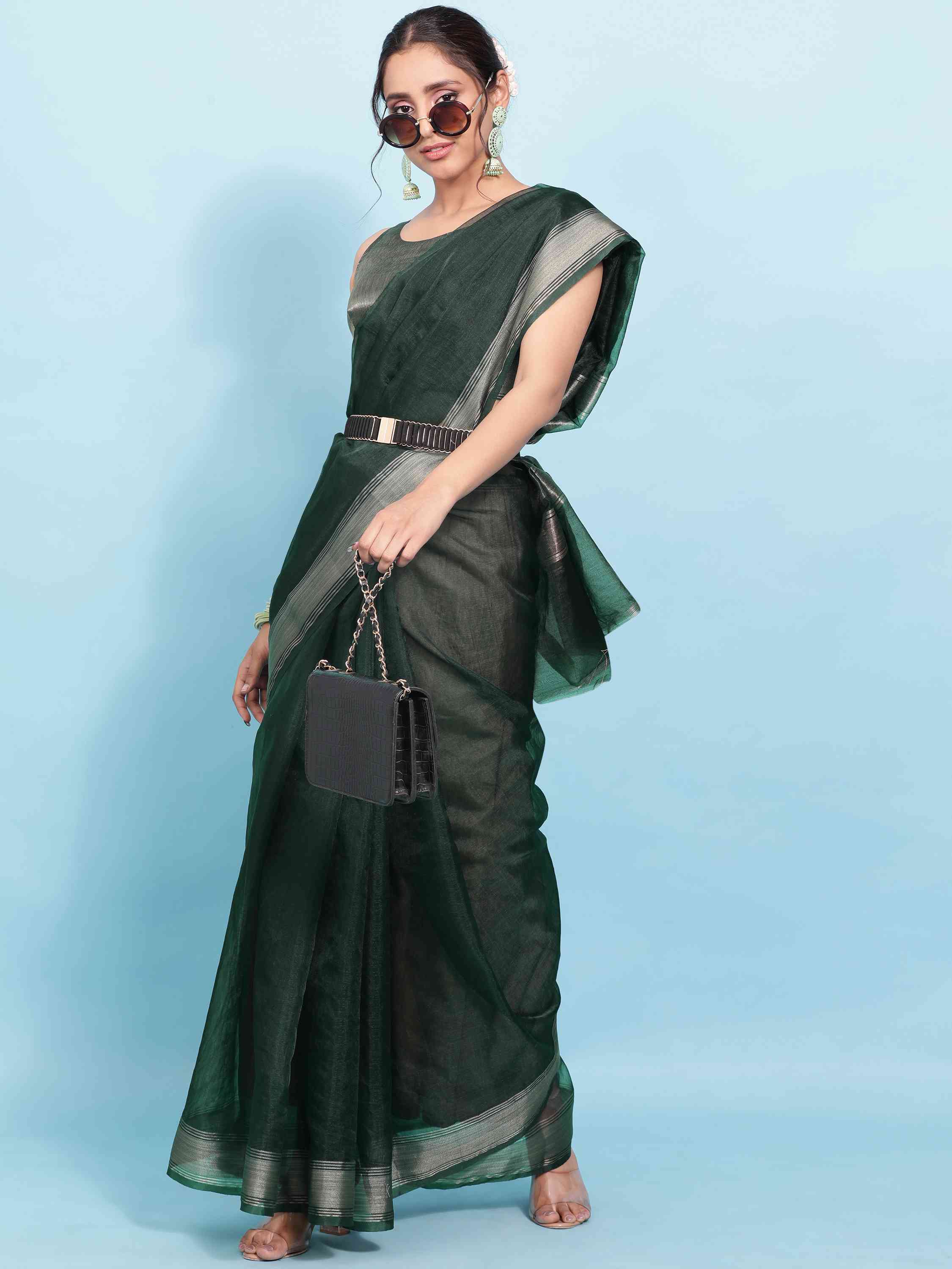 DUNGRANI BOTTLE GREEN ORGANZA TISSUE SILK SAREE