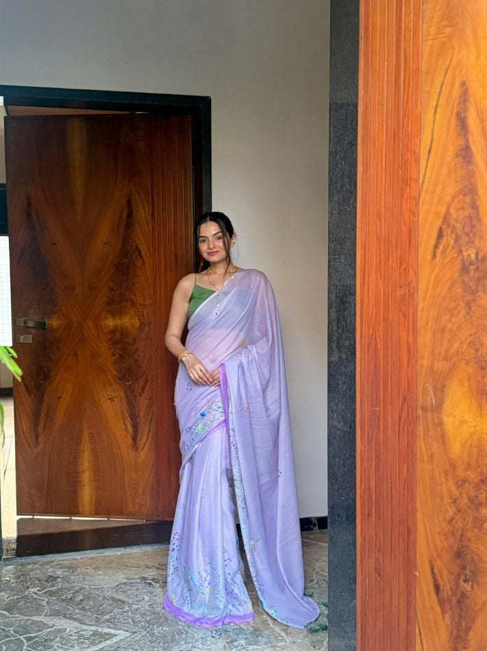 ANUSHA PATEL SUPER FEEL LAVENDER HAND EMBROIDERY DESIGNER SAREE