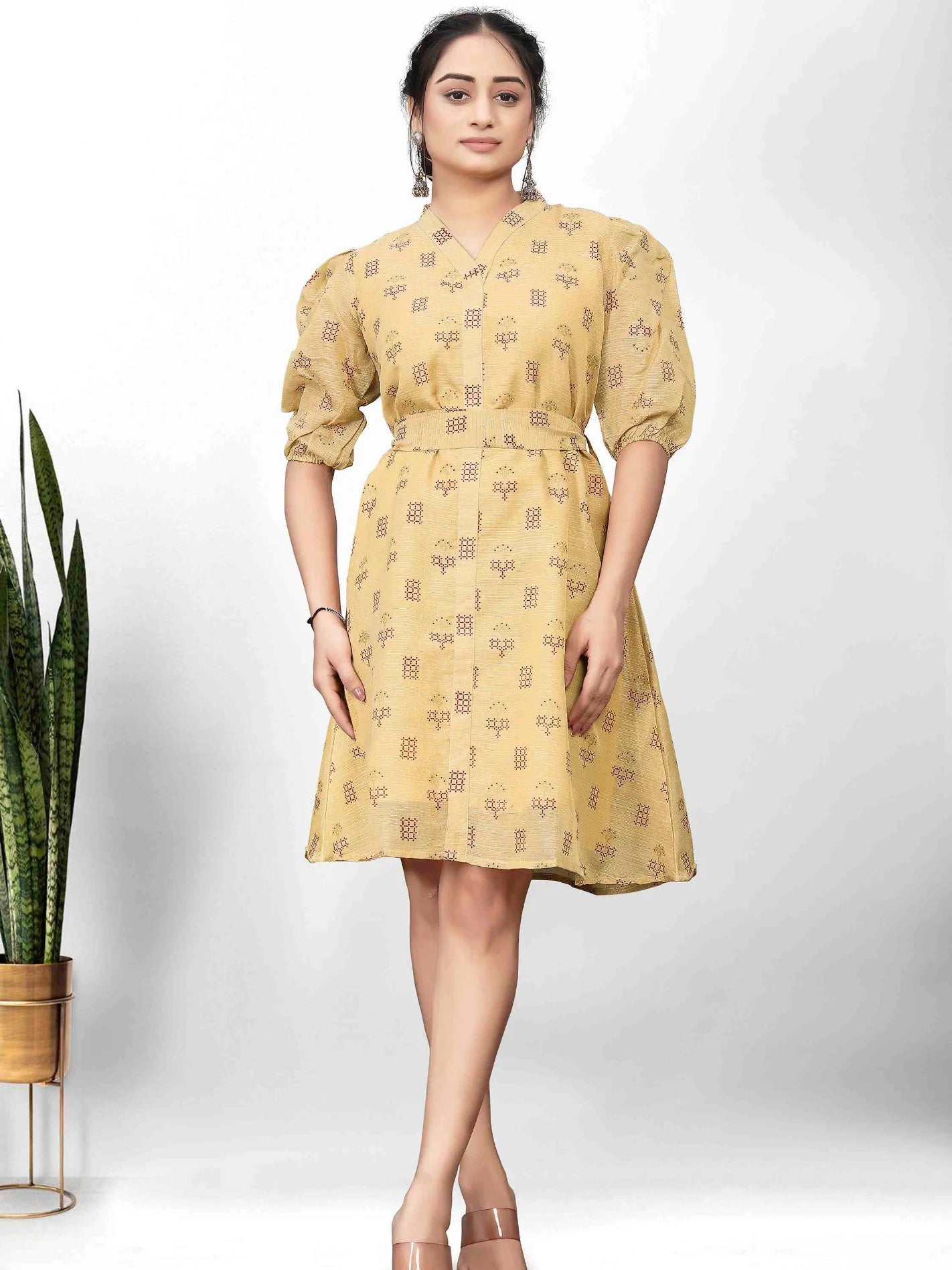 KHAKI POLEY LINEN PRINTED A-LINE DRESS WITH BELT