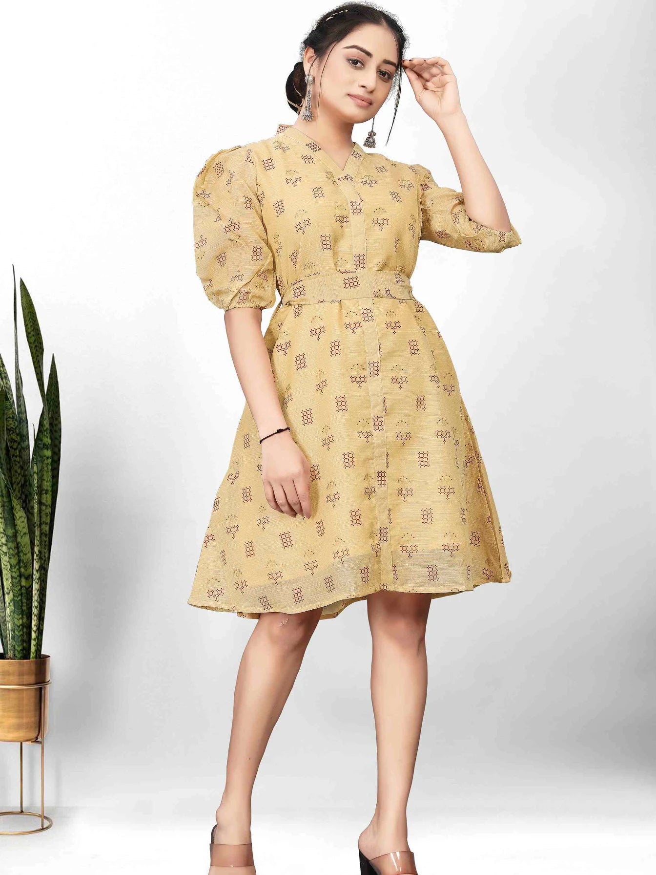 KHAKI POLEY LINEN PRINTED A-LINE DRESS WITH BELT