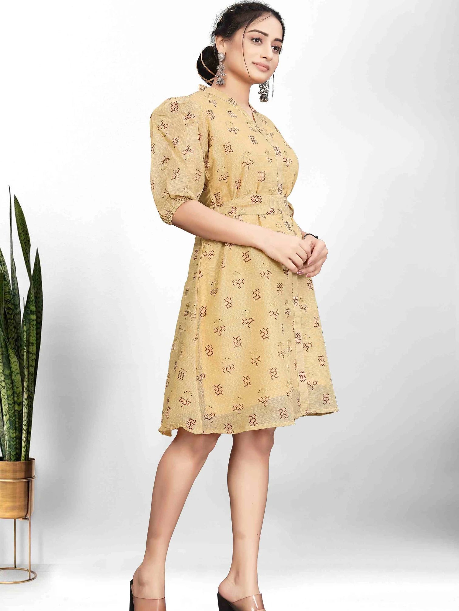 KHAKI POLEY LINEN PRINTED A-LINE DRESS WITH BELT