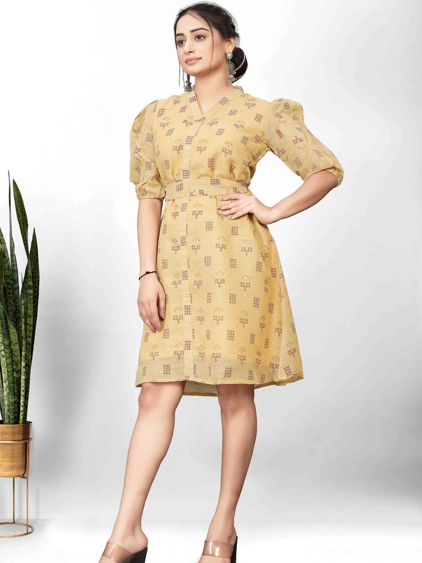 KHAKI POLEY LINEN PRINTED A-LINE DRESS WITH BELT