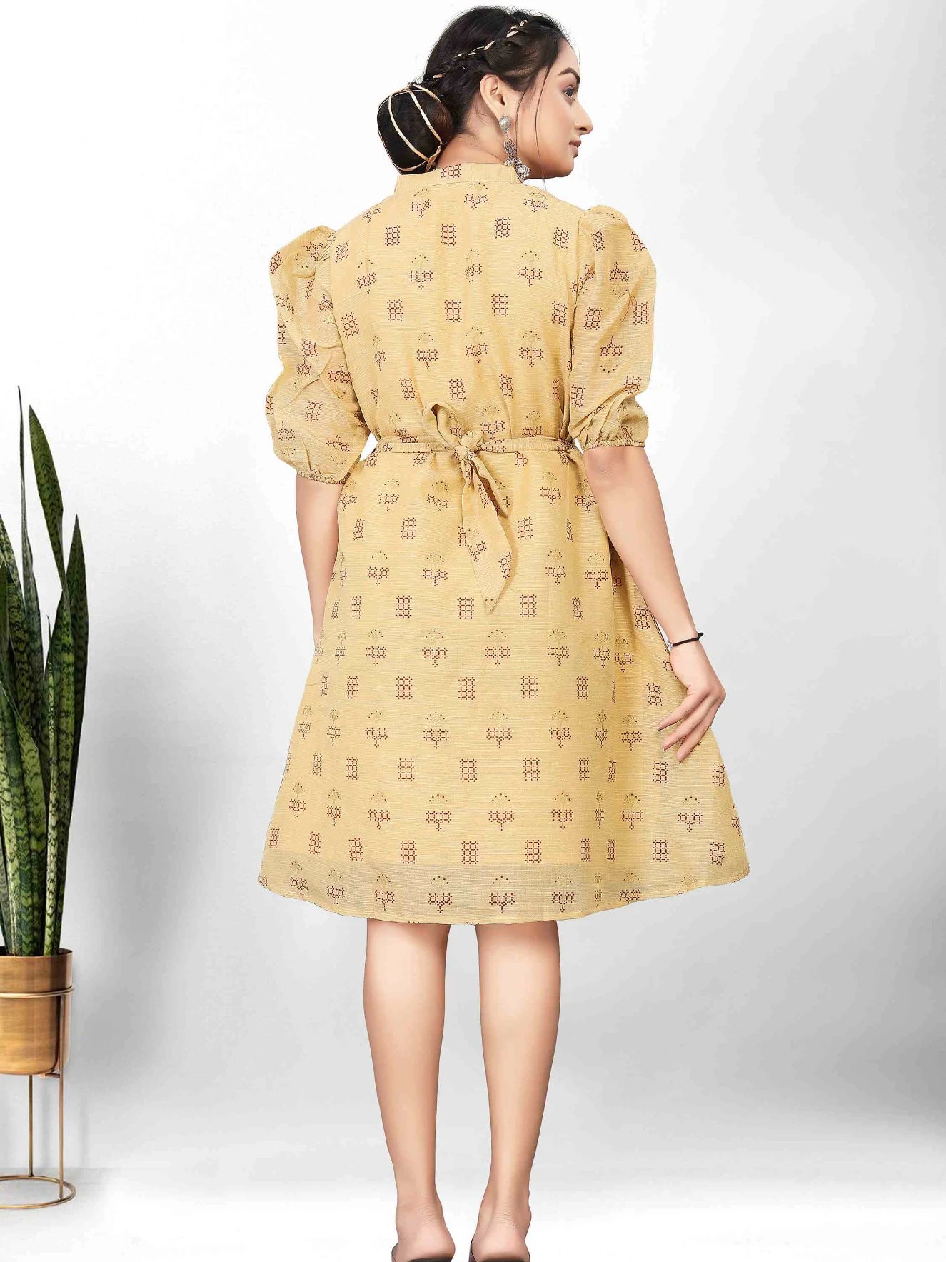 KHAKI POLEY LINEN PRINTED A-LINE DRESS WITH BELT