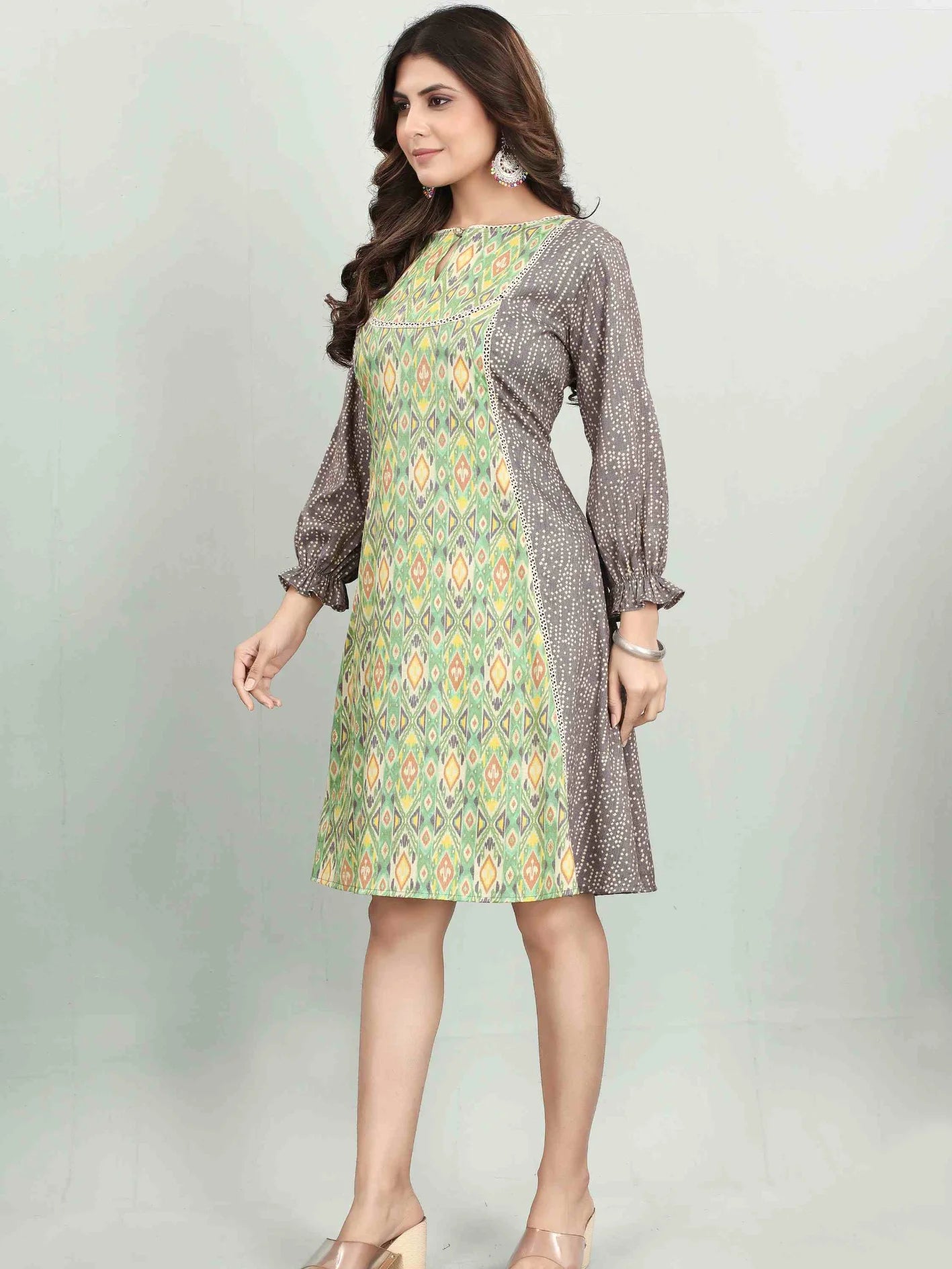 GREEN AND GREY COTTON BLEND IKAT PRINTED A-LINE DRESS