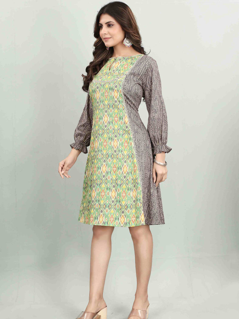 GREEN AND GREY IKAT PRINTED A-LINE DRESS