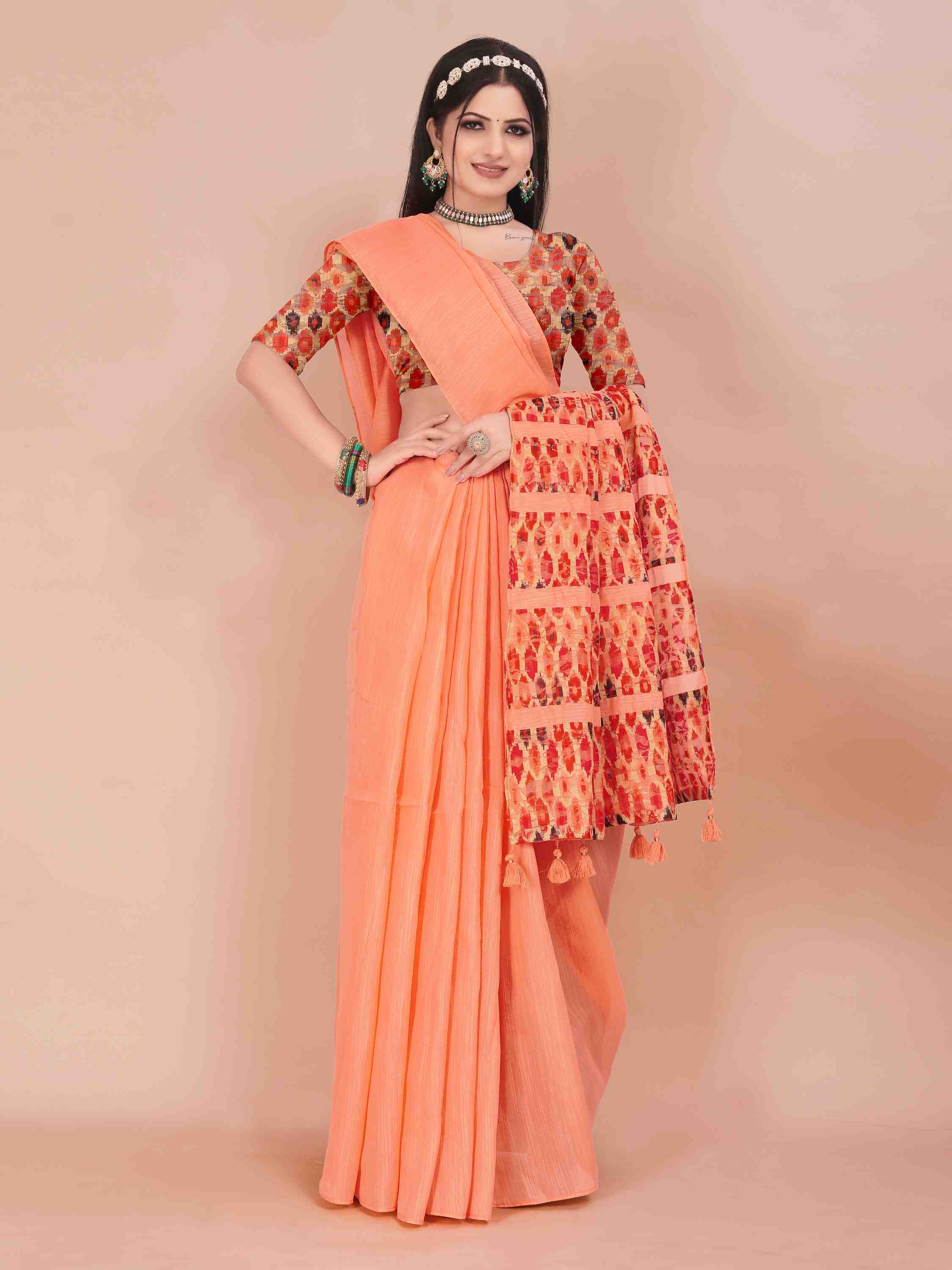 PEACH ART LINEN SAREE WITH PRINTED PALLU