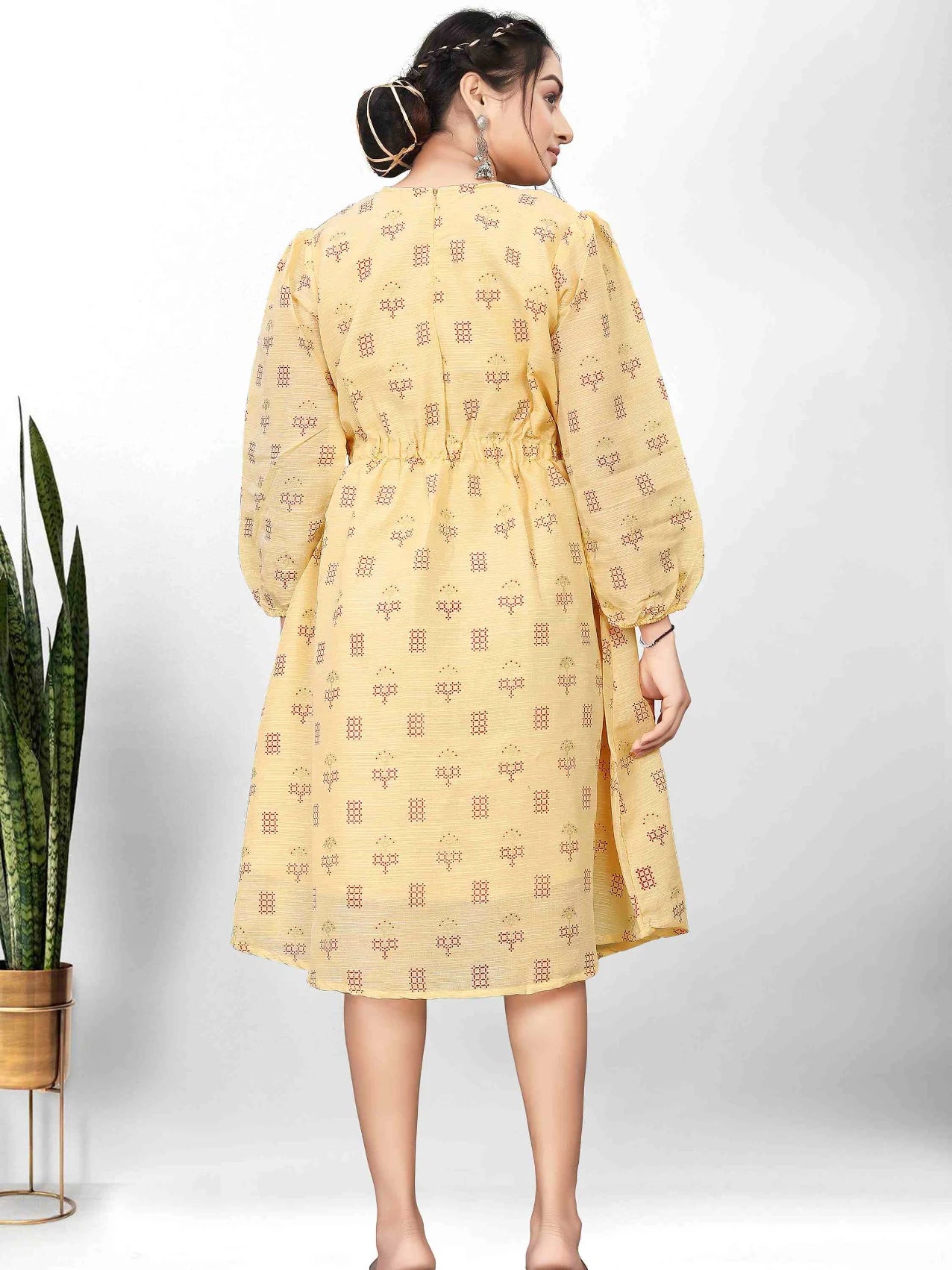 BEIGE POLY LINEN FOIL PRINTED DRESS