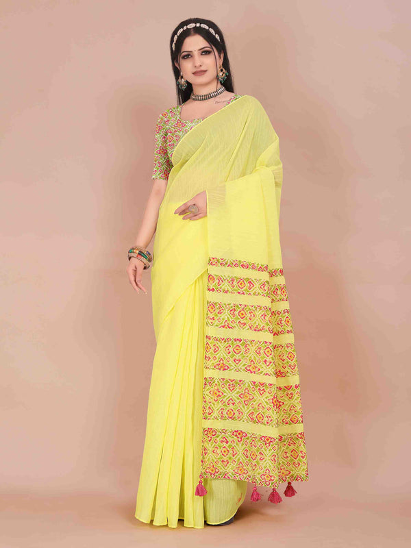 YELLOW ART LINEN SAREE WITH PRINTED PALLU