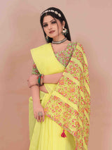 YELLOW ART LINEN SAREE WITH PRINTED PALLU