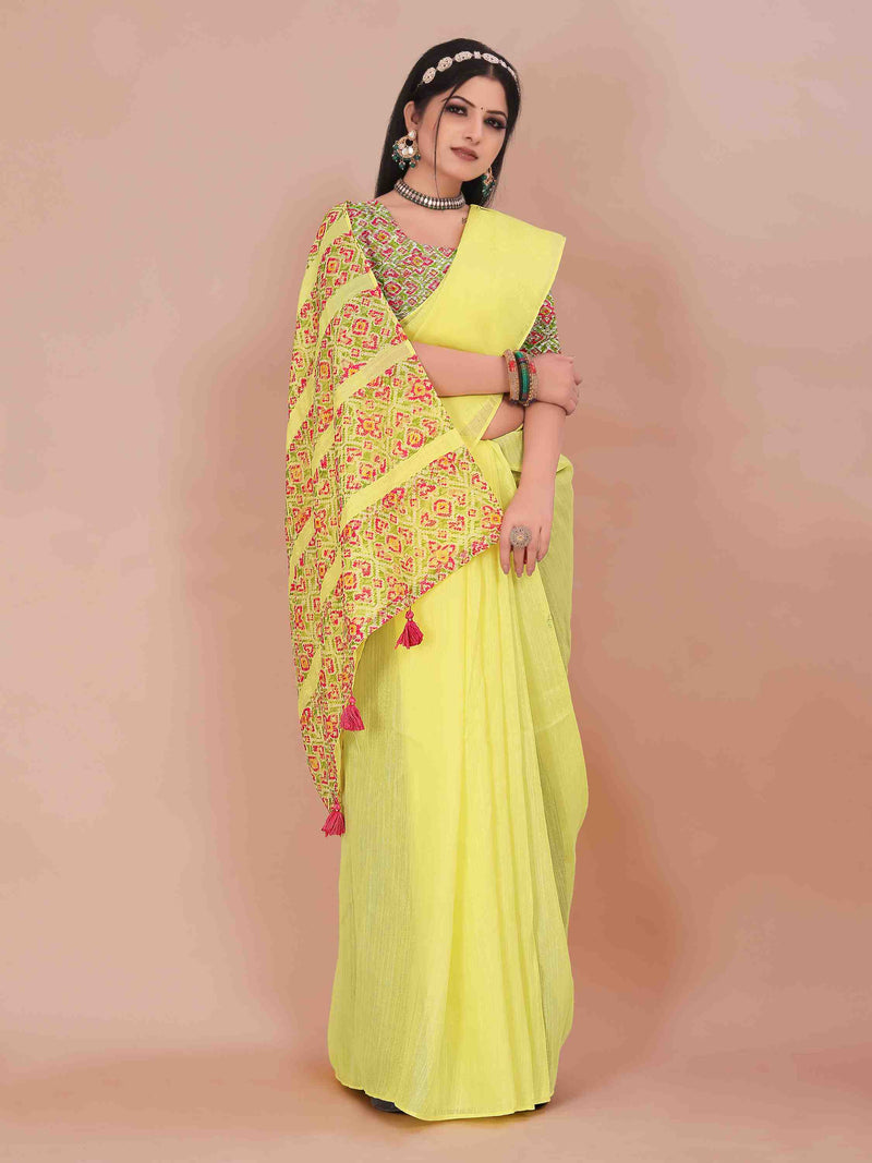 YELLOW ART LINEN SAREE WITH PRINTED PALLU