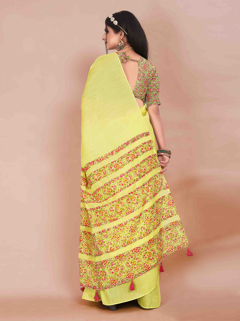 YELLOW ART LINEN SAREE WITH PRINTED PALLU