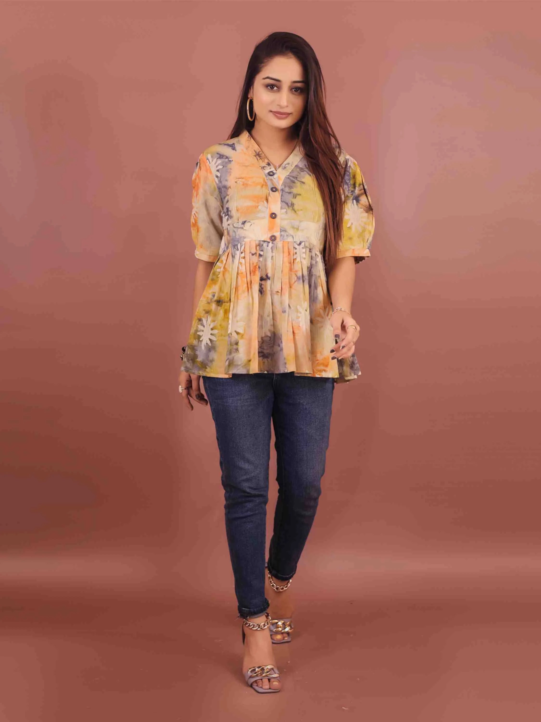 MUSTARD VISCOSE HAND BATIK PRINTED TOP