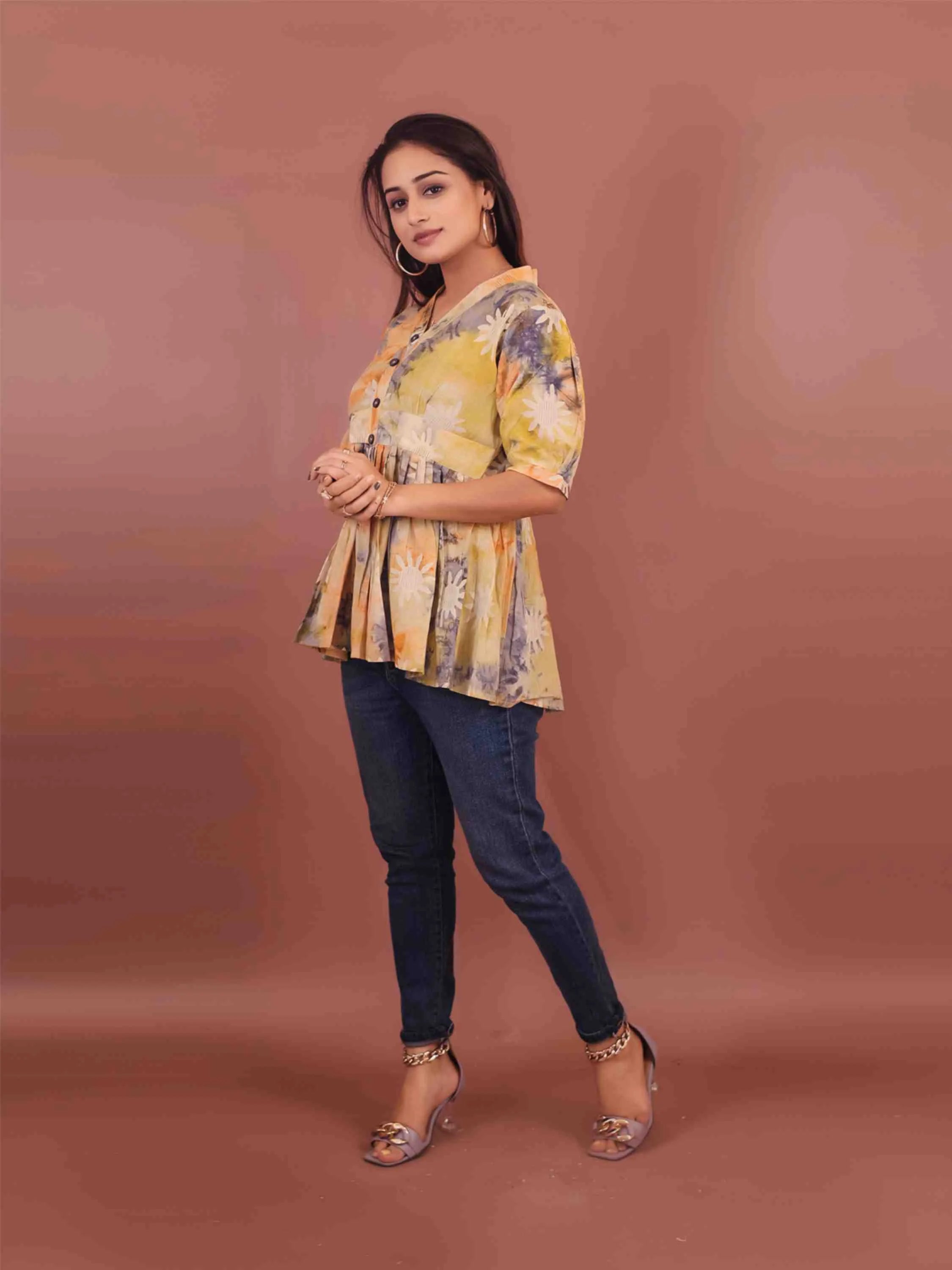 MUSTARD VISCOSE HAND BATIK PRINTED TOP