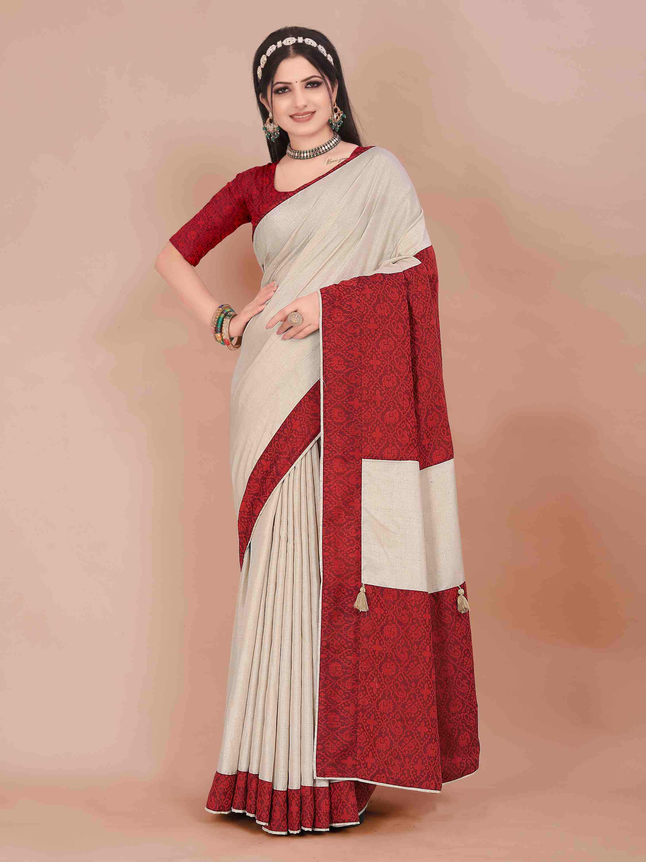 BEIGE ART SILK SAREE WITH RED PATOLA WEAVED BORDER