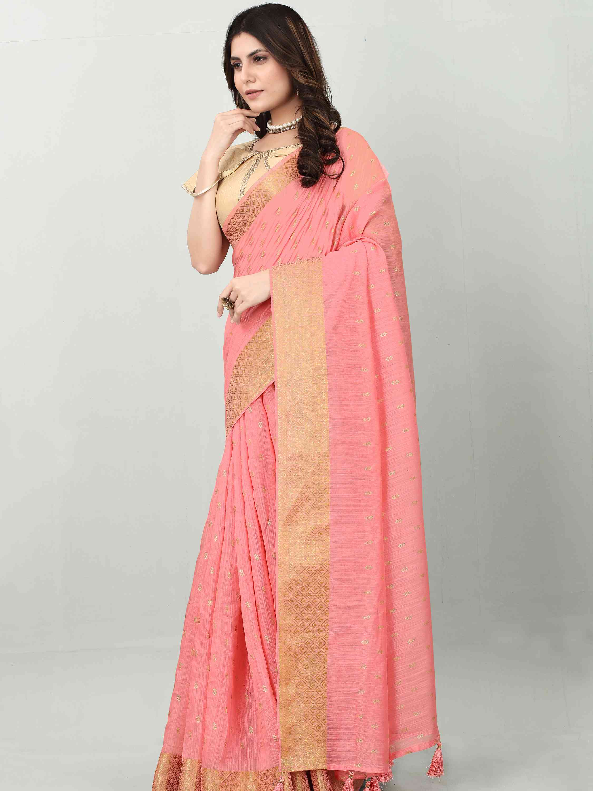 PINK LINEN FOIL SAREE WITH BLOUSE