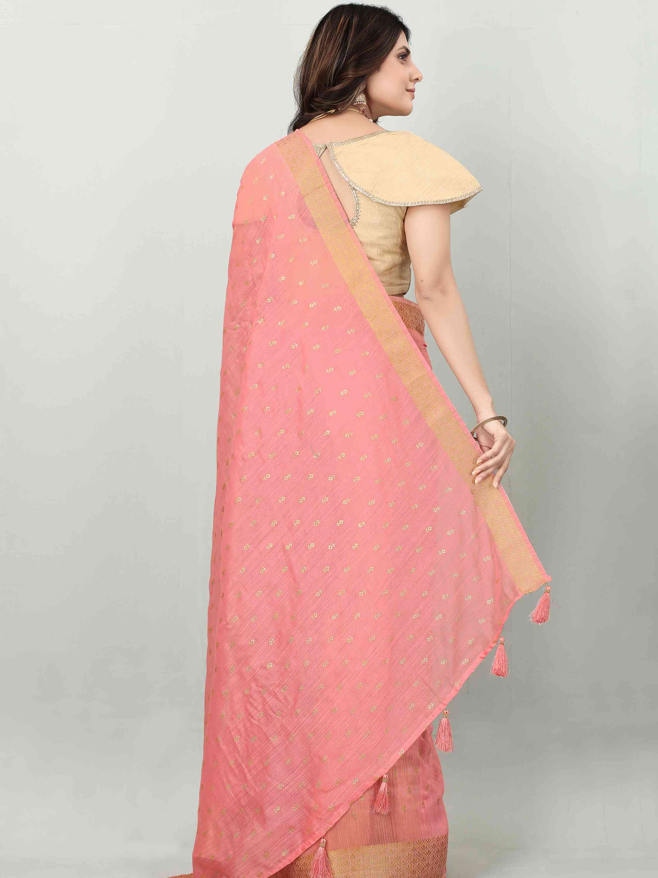 PINK LINEN FOIL SAREE WITH BLOUSE