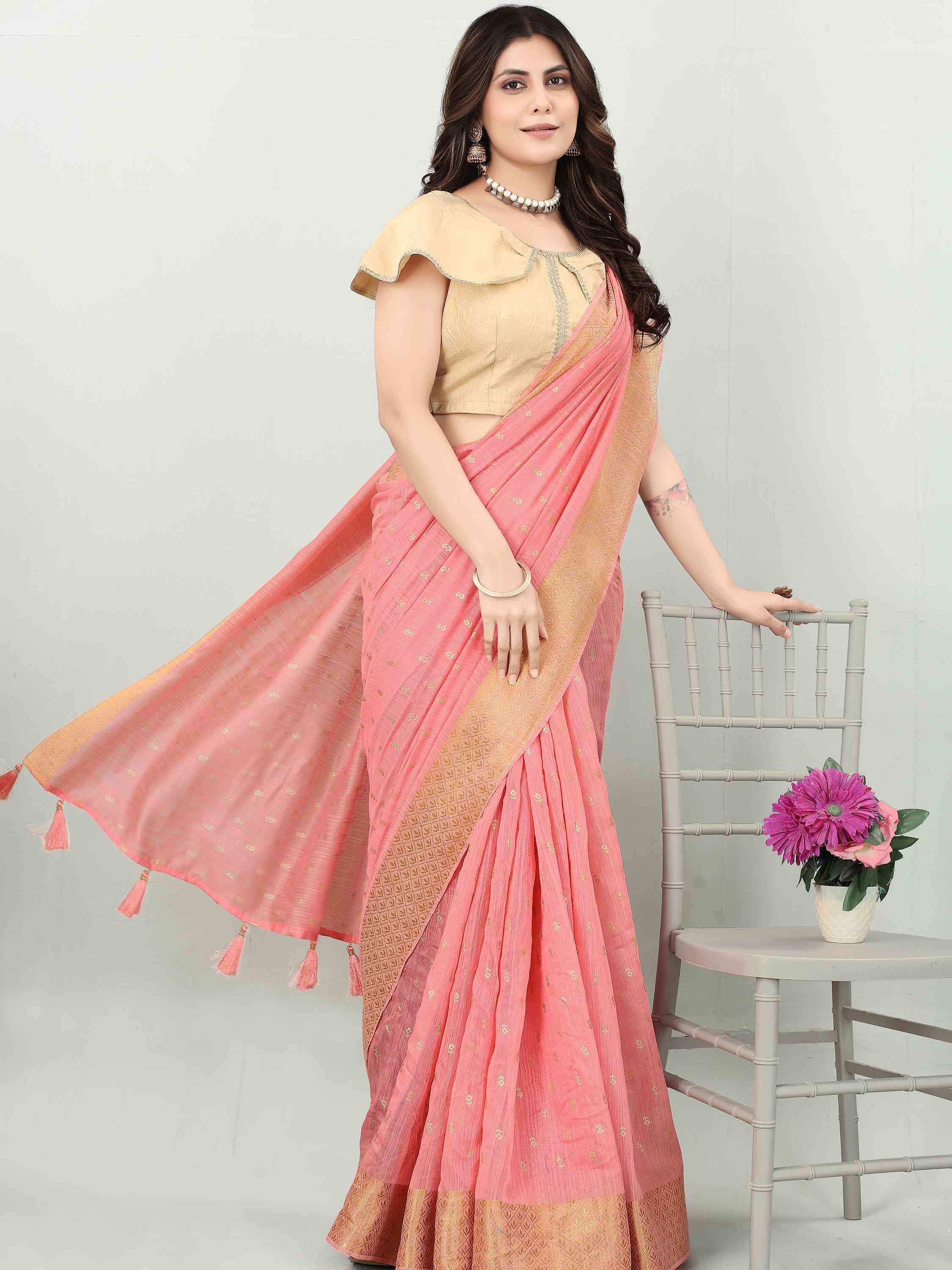 PINK LINEN FOIL SAREE WITH BLOUSE