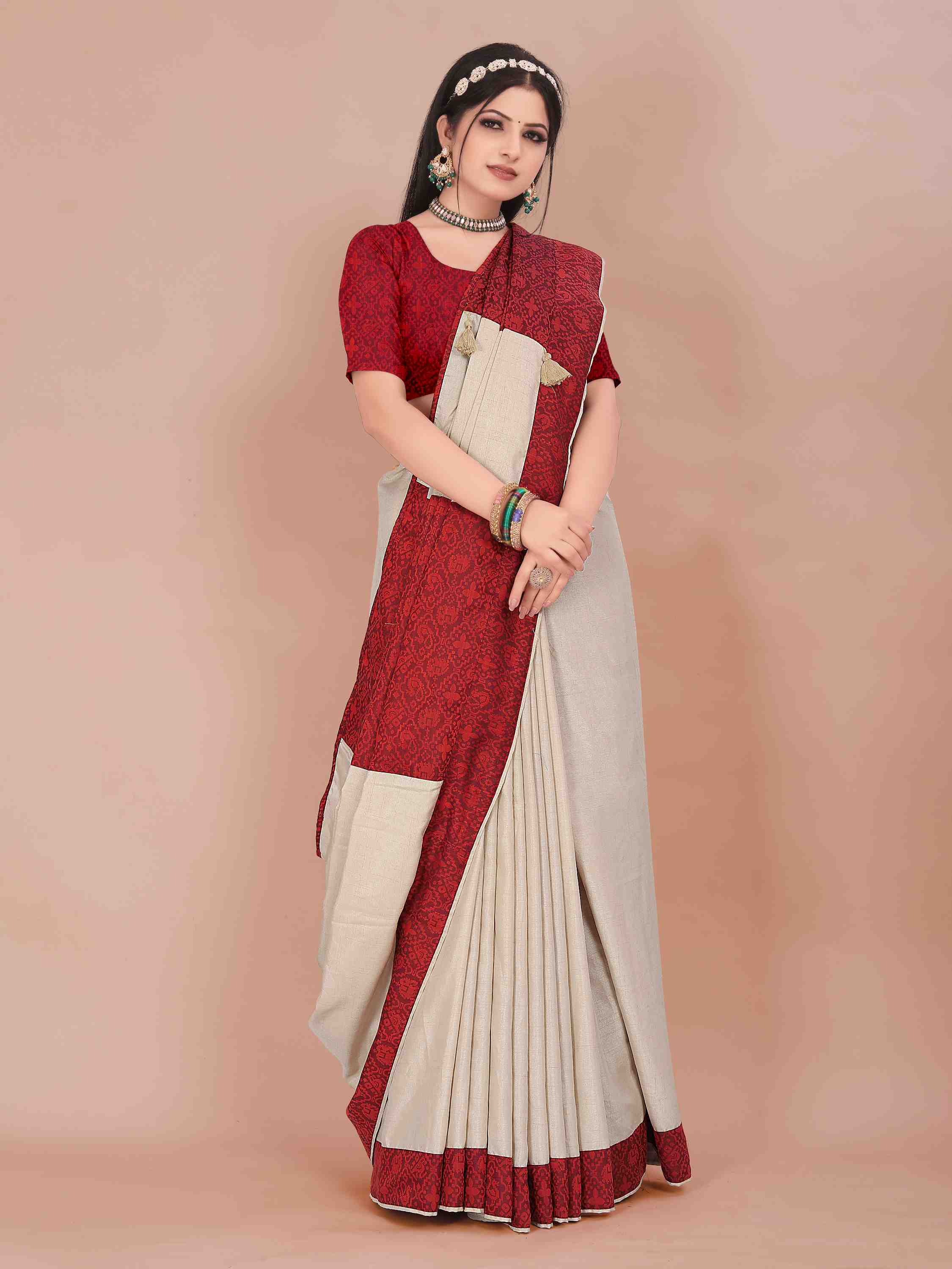 BEIGE ART SILK SAREE WITH RED PATOLA WEAVED BORDER